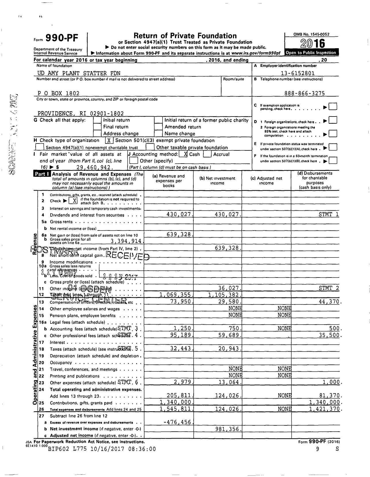 Image of first page of 2016 Form 990PF for Ud Amy Plant Statter Foundation