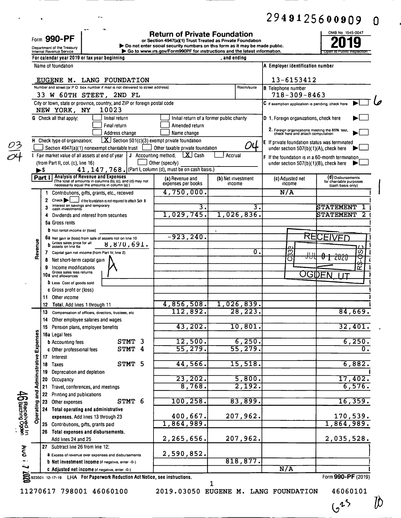 Image of first page of 2019 Form 990PR for Eugene M Lang Foundation