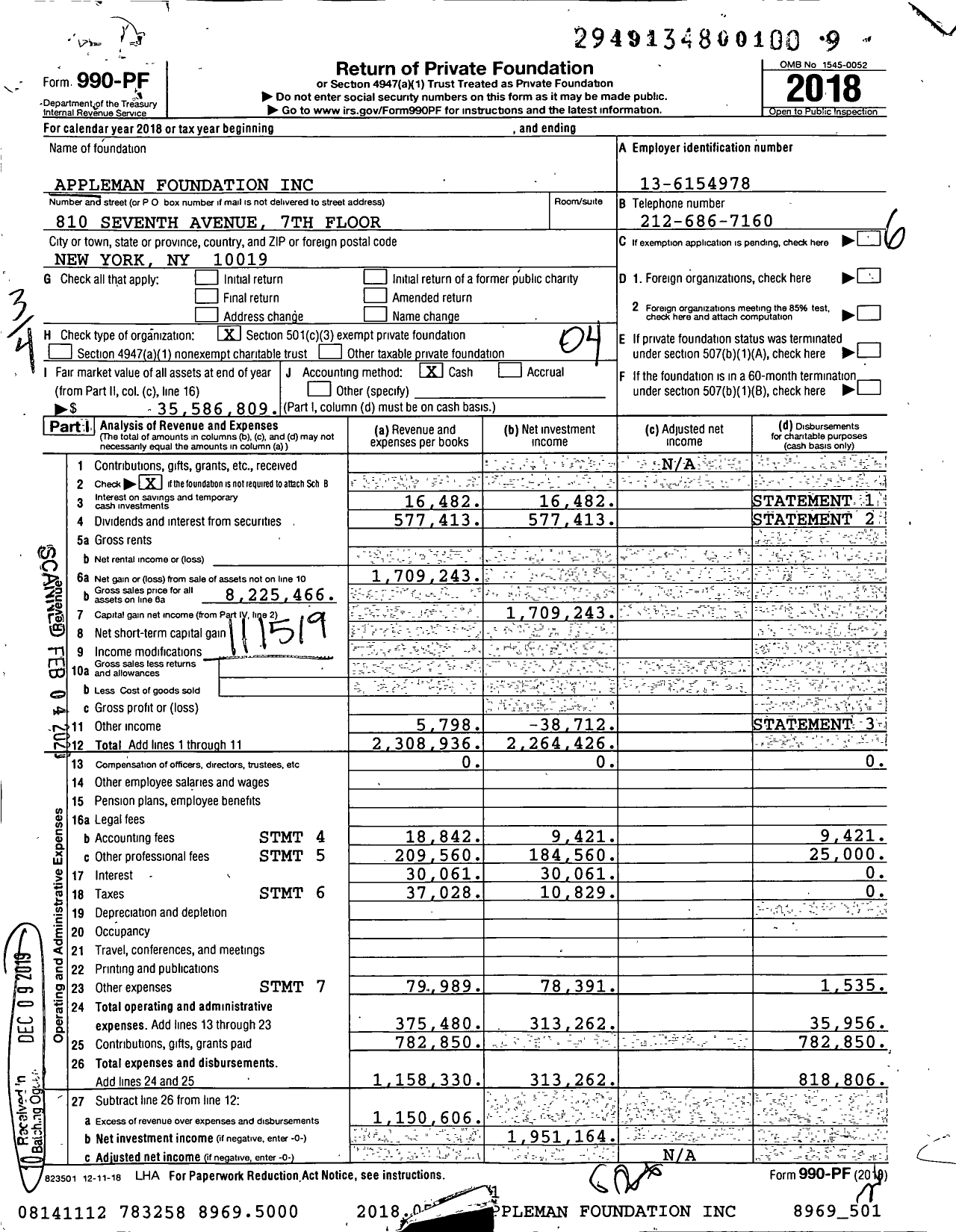 Image of first page of 2018 Form 990PF for Appleman Foundation