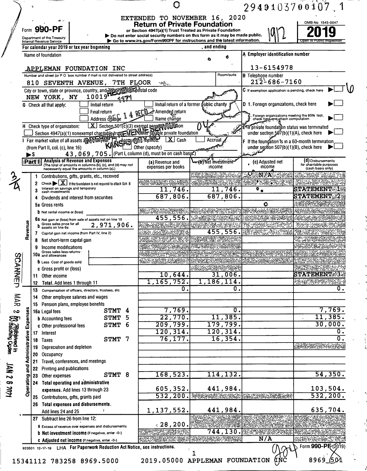 Image of first page of 2019 Form 990PF for Appleman Foundation