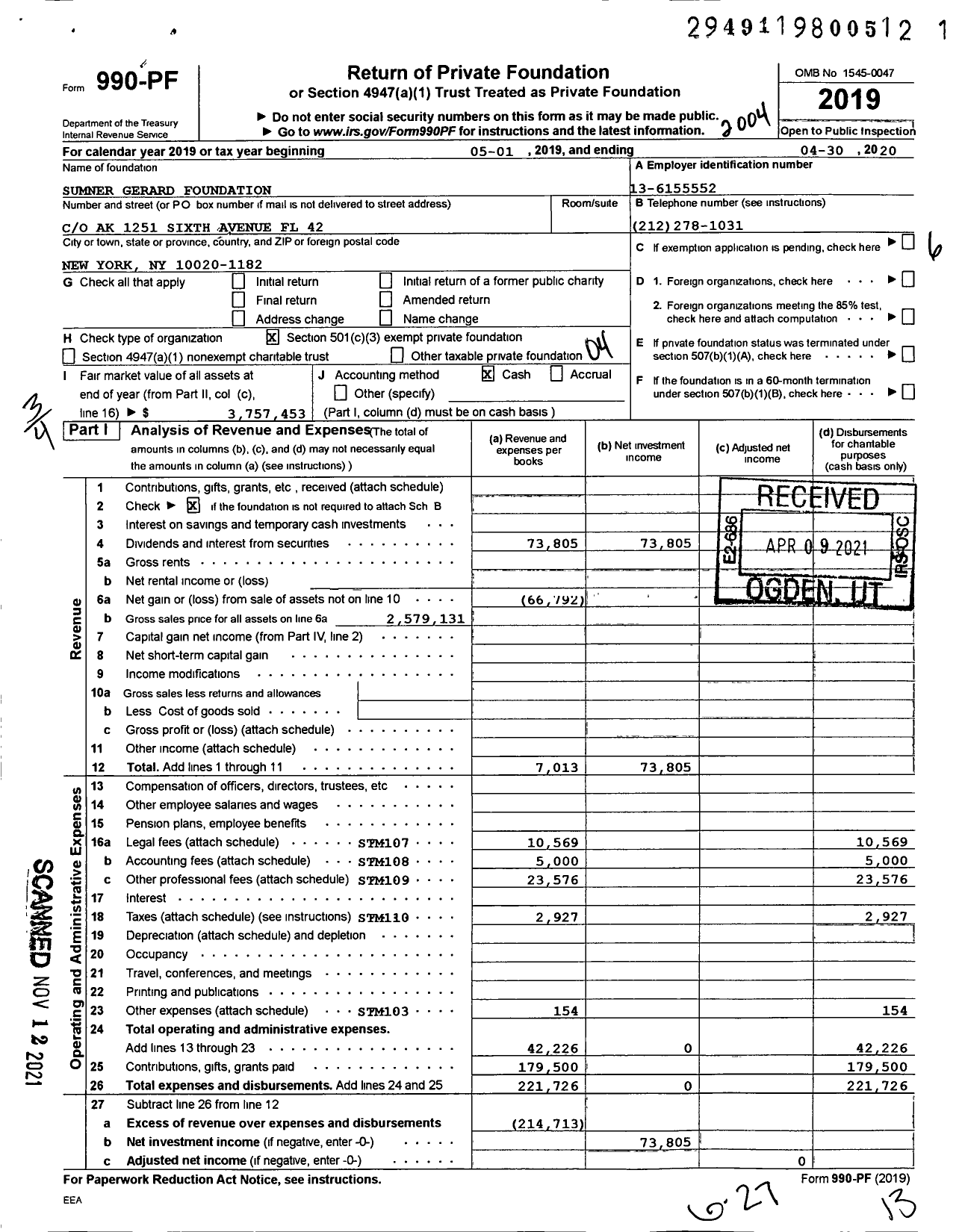 Image of first page of 2019 Form 990PF for Sumner Gerard Foundation