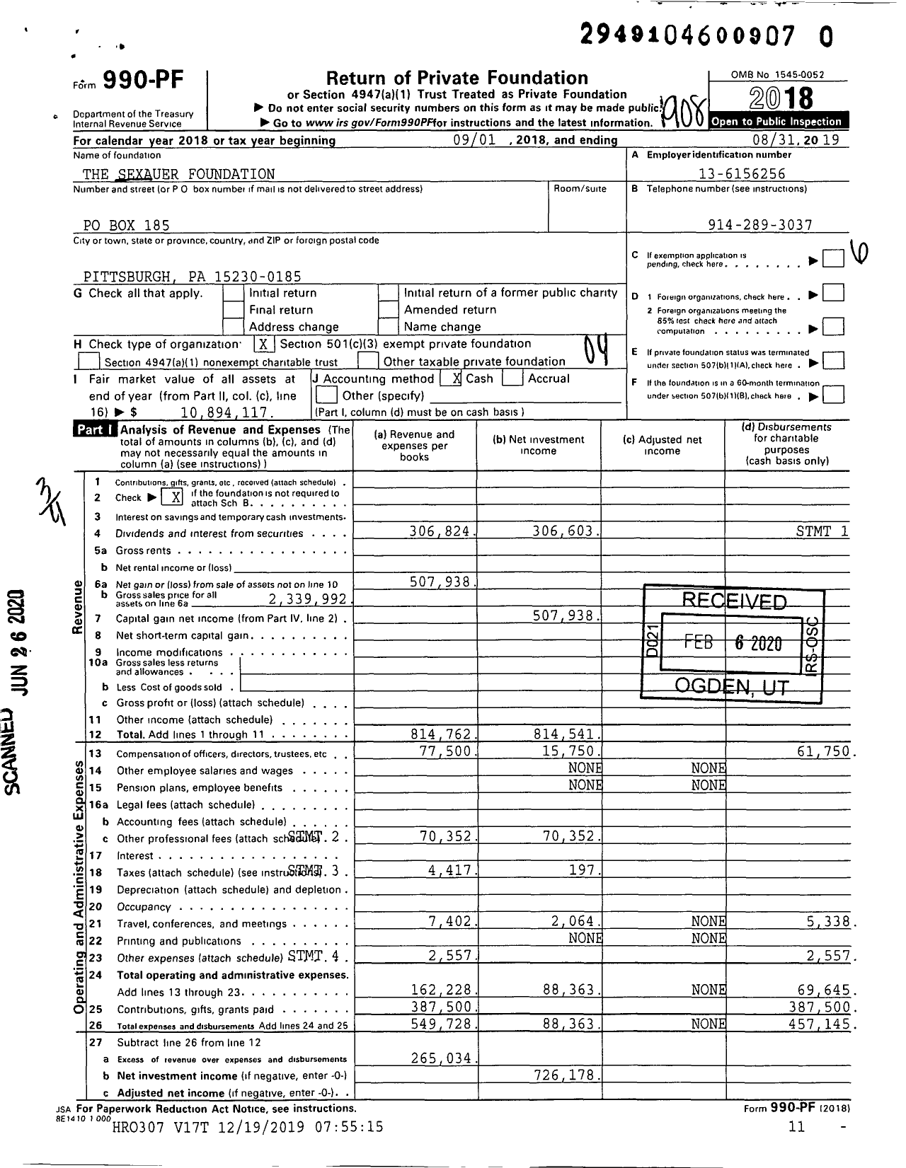 Image of first page of 2018 Form 990PR for The Sexauer Foundation