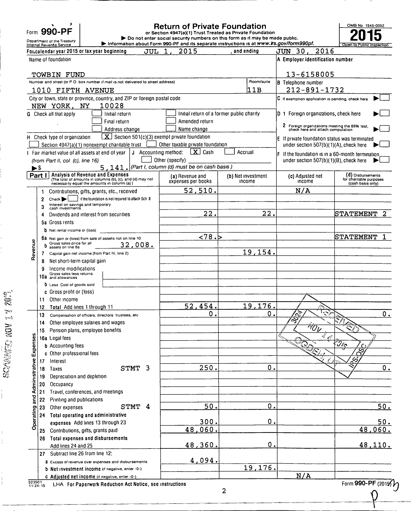 Image of first page of 2015 Form 990PF for Towbin Fund