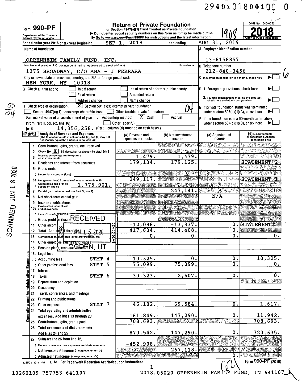 Image of first page of 2018 Form 990PR for Oppenheim Family Fund