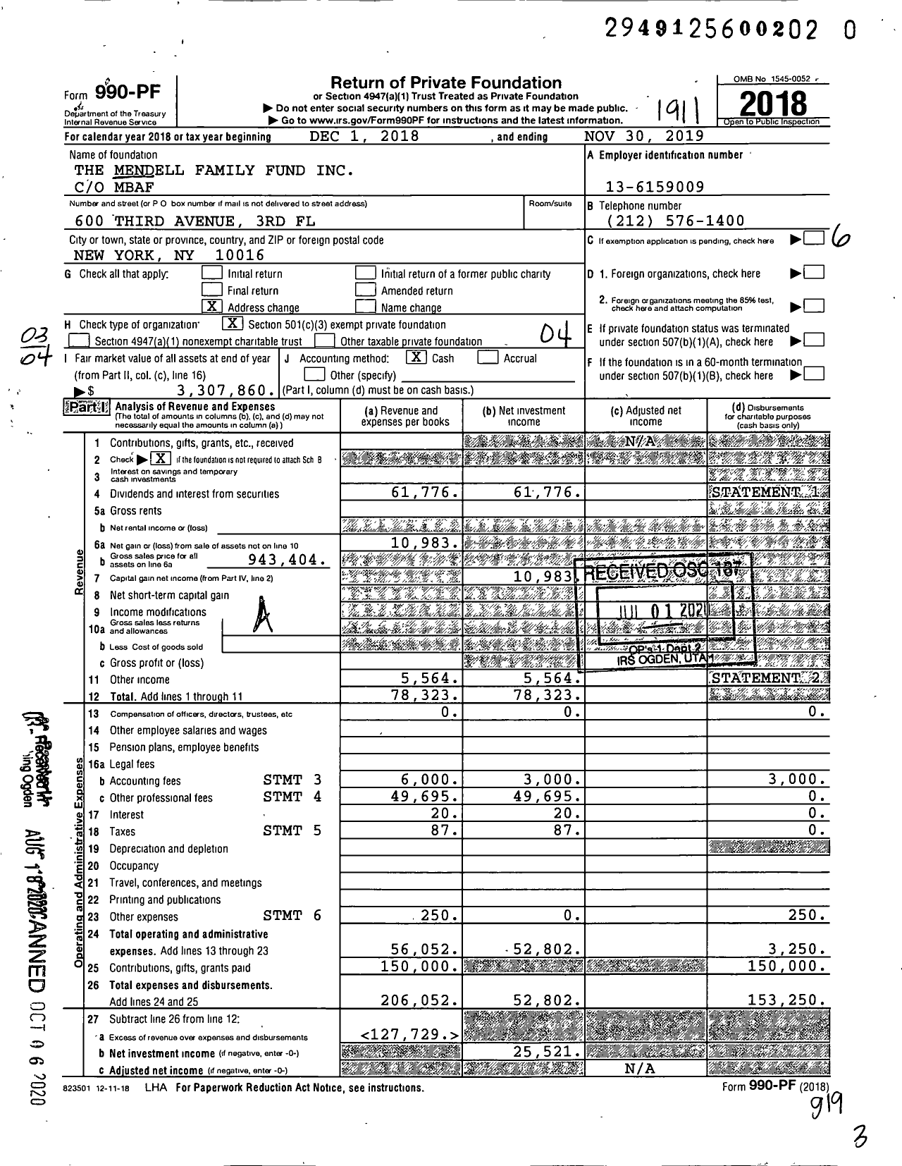 Image of first page of 2018 Form 990PR for The Mendell Family Fund