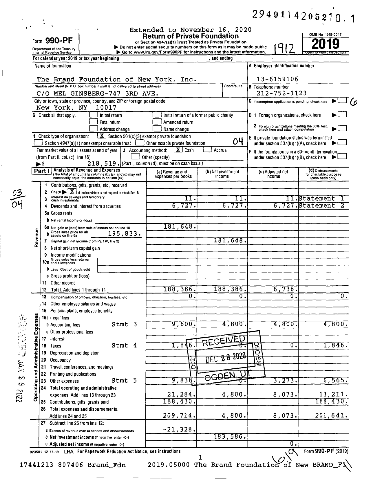 Image of first page of 2019 Form 990PF for The Brand Foundation of New York