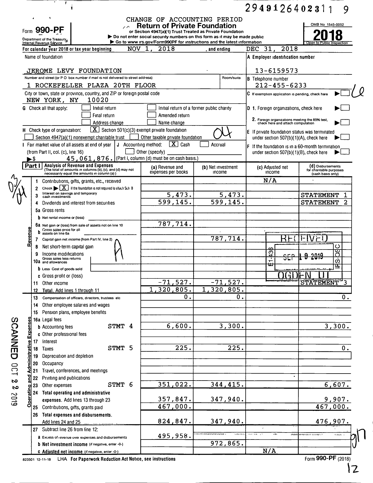 Image of first page of 2018 Form 990PF for Jerome Levy Foundation