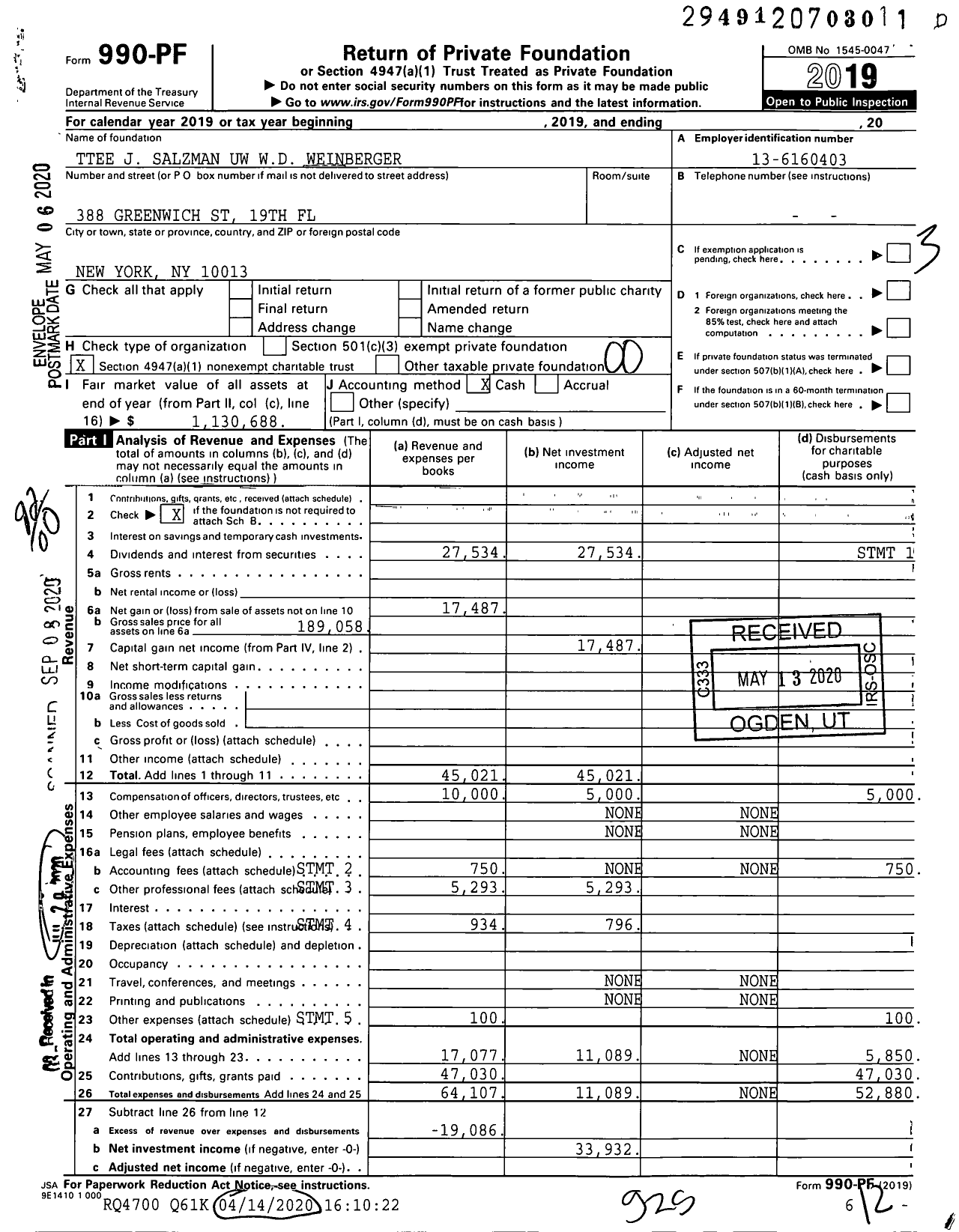 Image of first page of 2019 Form 990PR for Trustees J Salzman Uw WD Weinberger