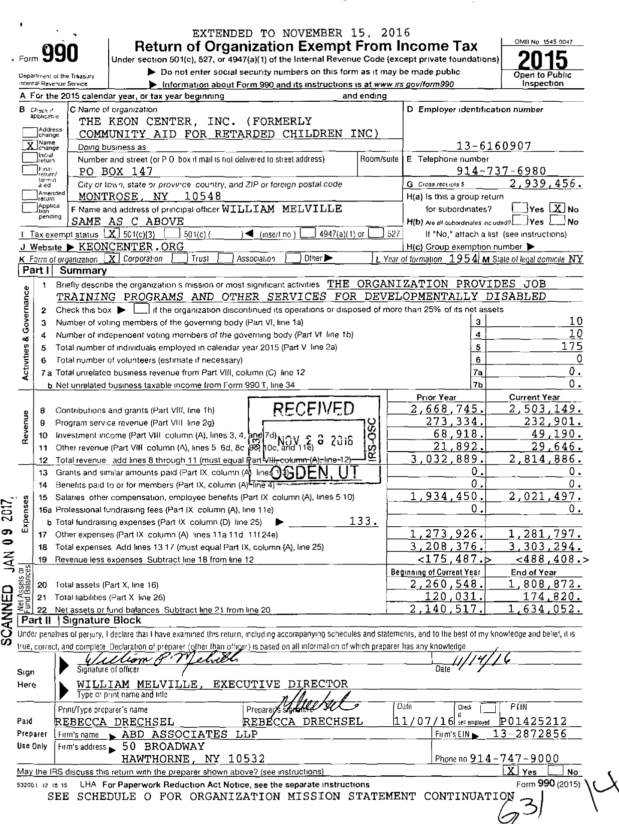 Image of first page of 2015 Form 990 for The Keon Center - Formerly Community Aid for Retarded Children
