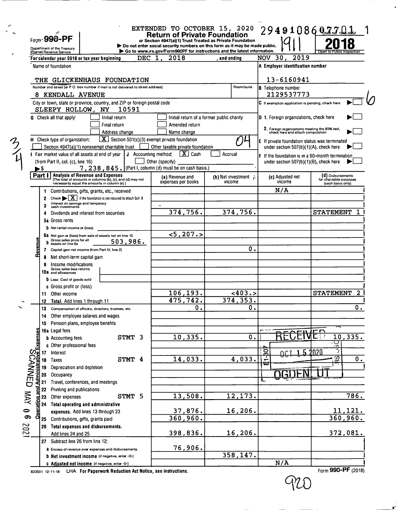 Image of first page of 2018 Form 990PF for The Glickenhaus Foundation