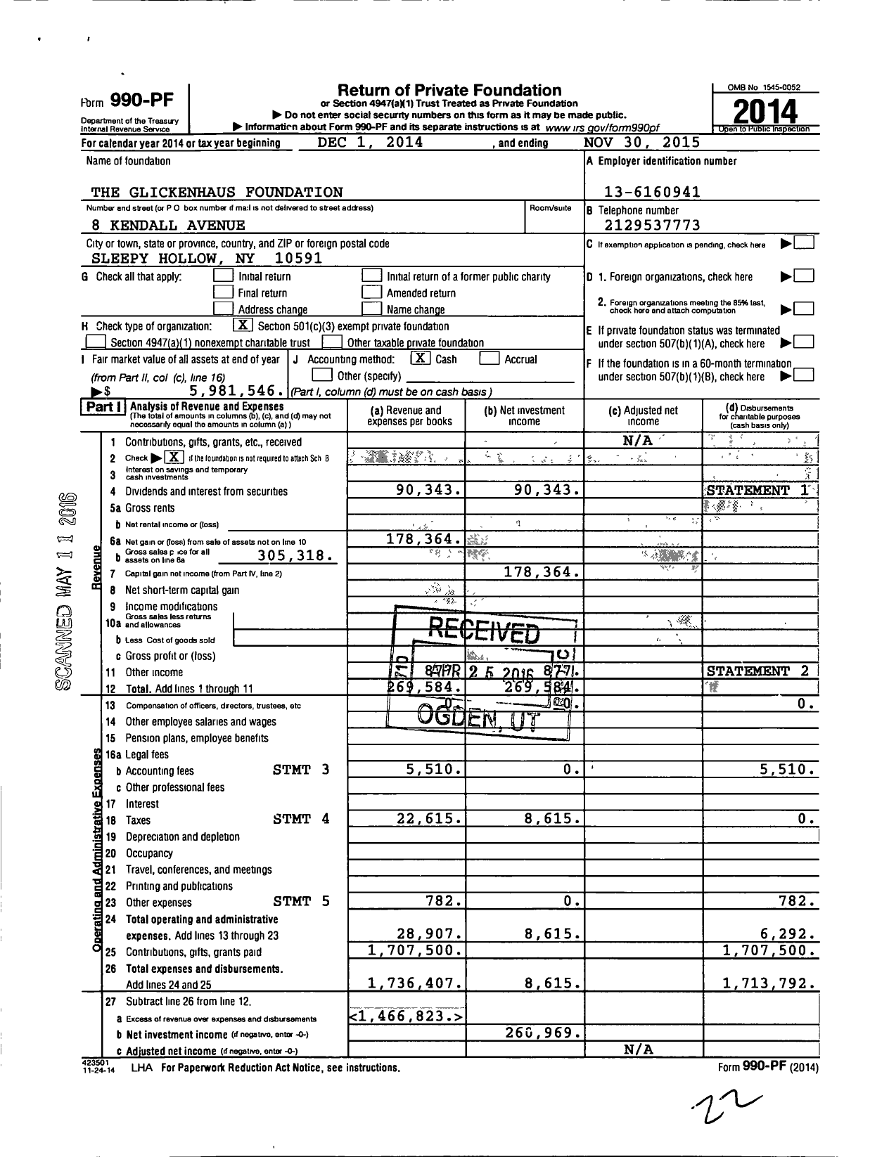 Image of first page of 2014 Form 990PF for The Glickenhaus Foundation