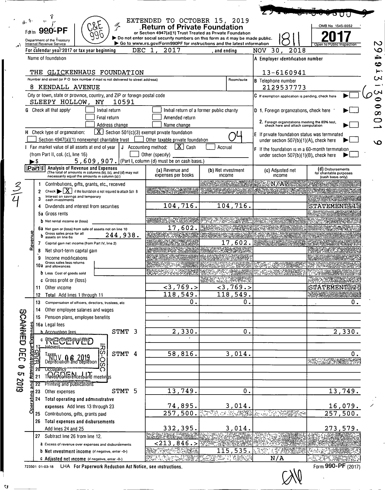 Image of first page of 2017 Form 990PF for The Glickenhaus Foundation