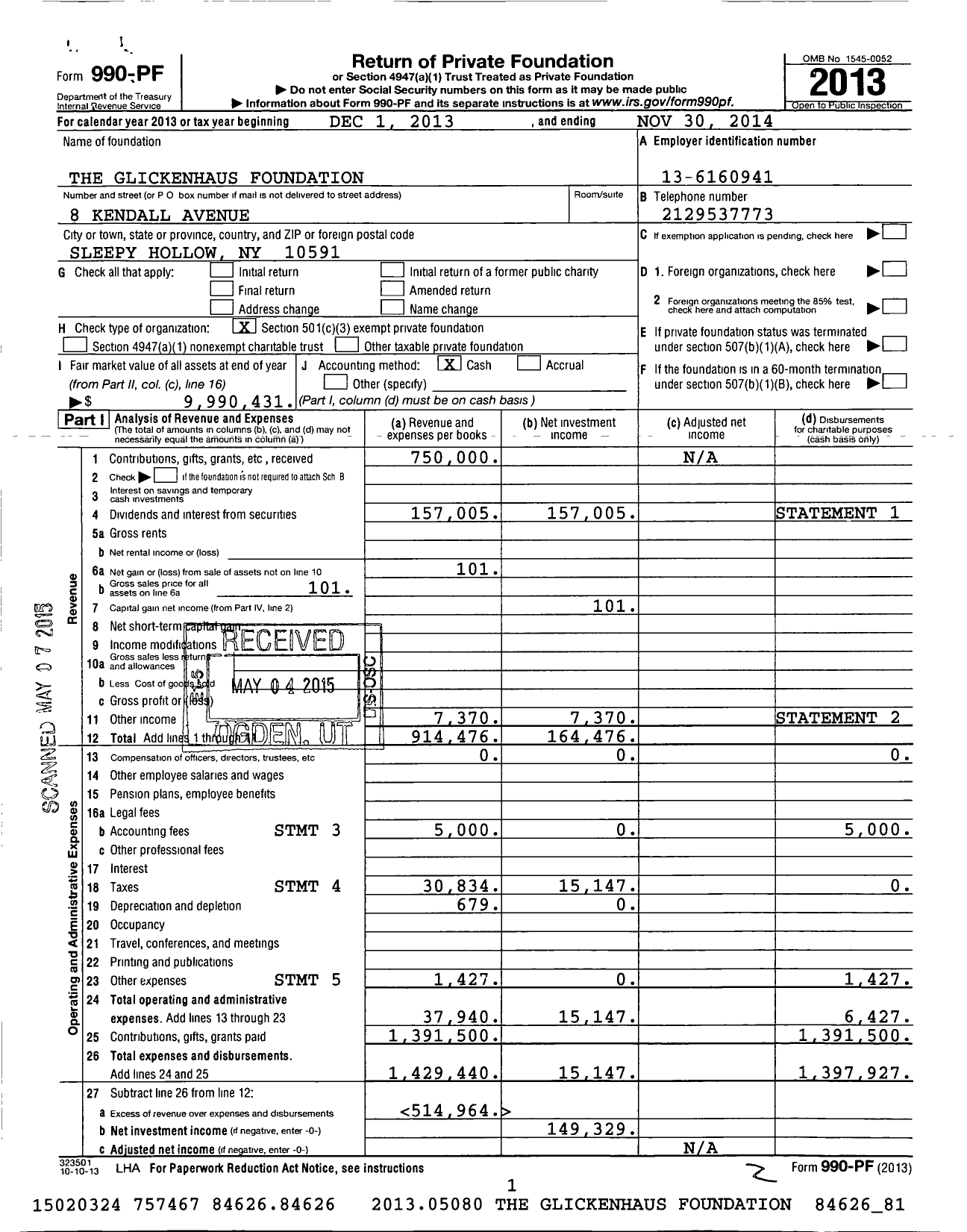 Image of first page of 2013 Form 990PF for The Glickenhaus Foundation