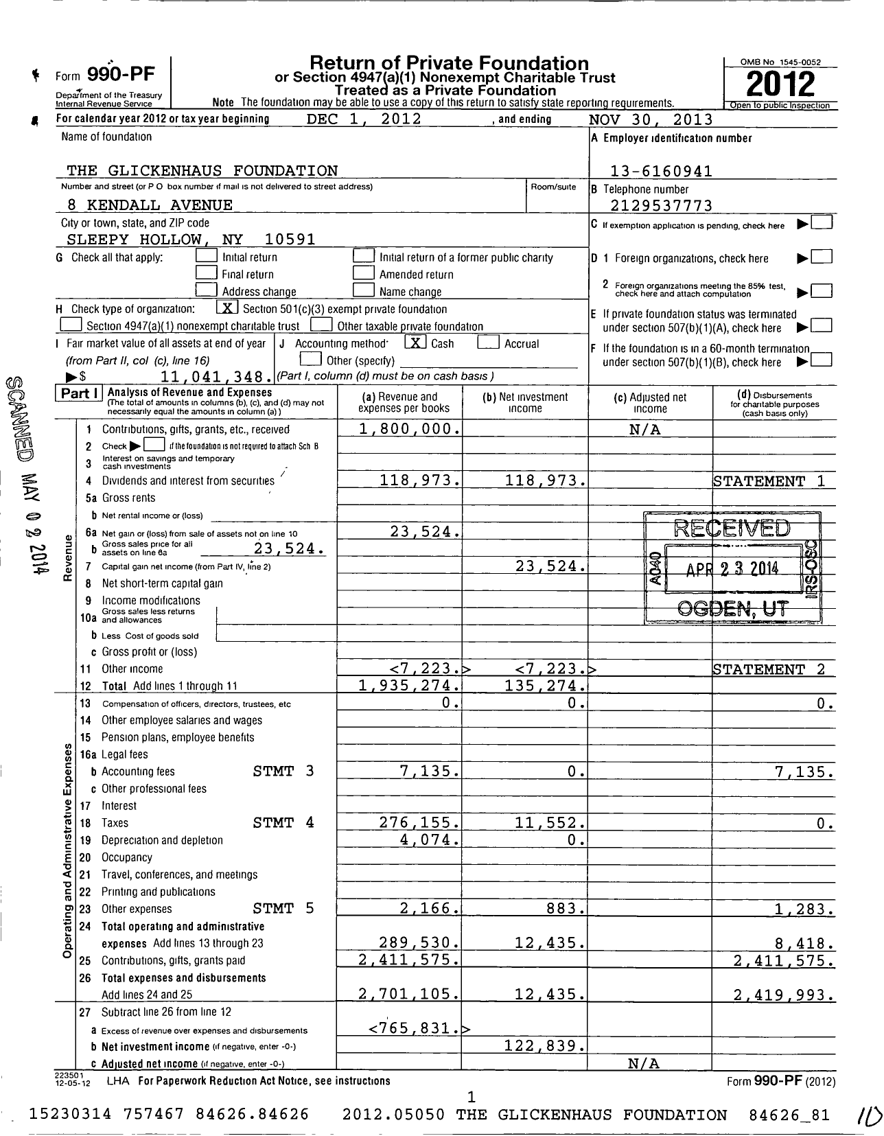 Image of first page of 2012 Form 990PF for The Glickenhaus Foundation