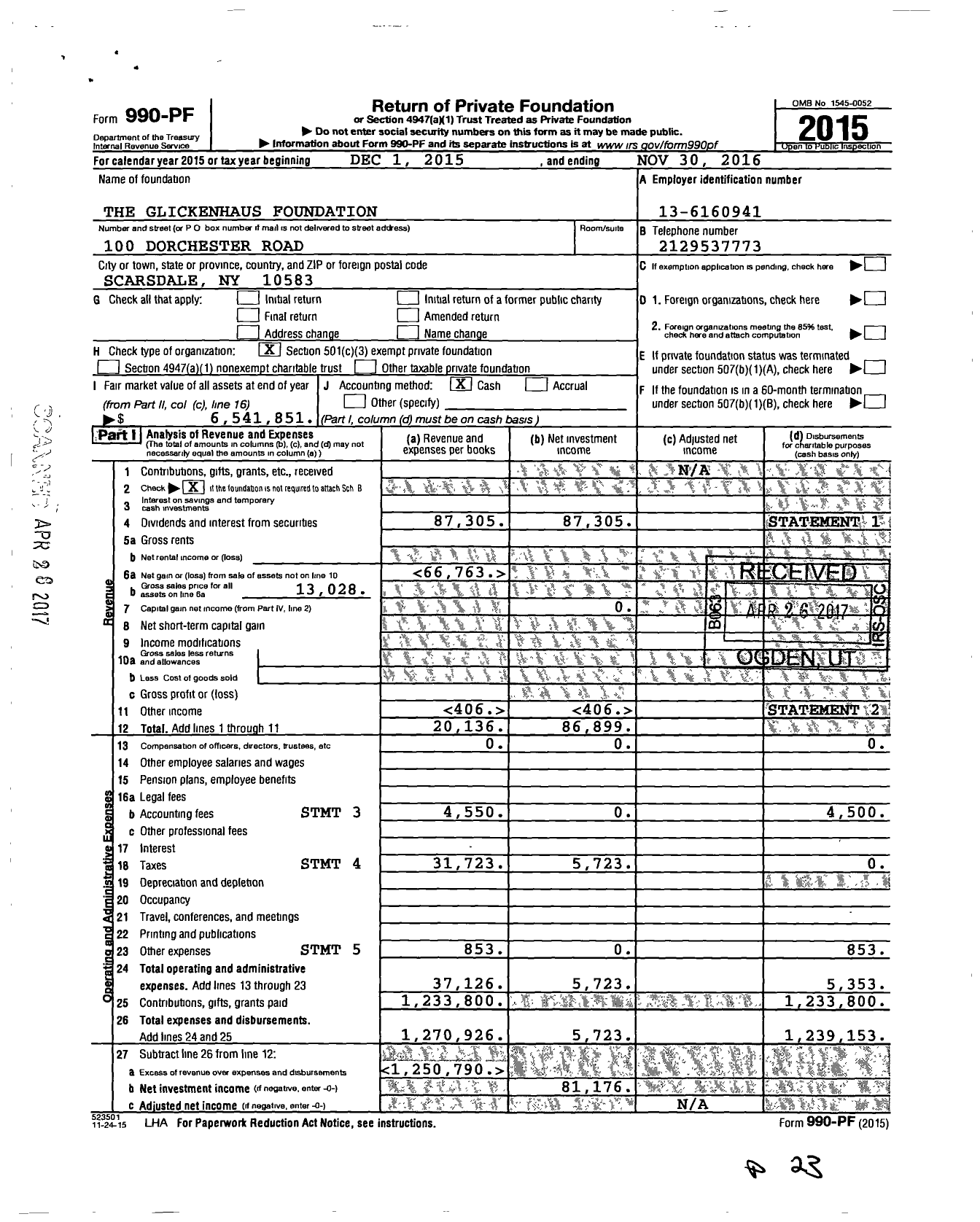 Image of first page of 2015 Form 990PF for The Glickenhaus Foundation