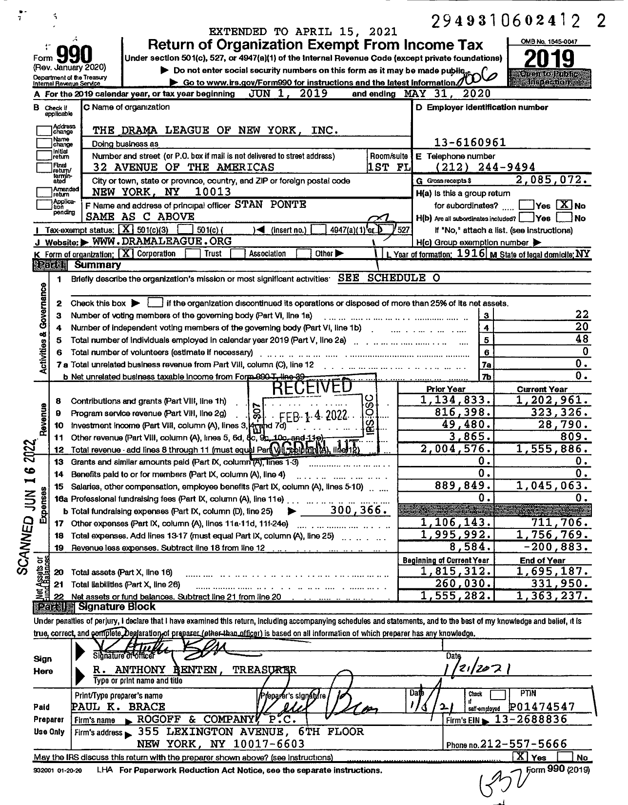 Image of first page of 2019 Form 990 for The Drama League of New York