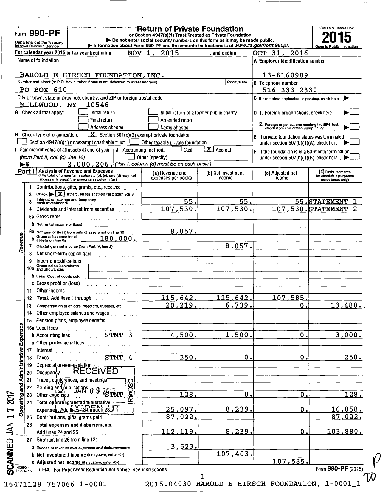 Image of first page of 2015 Form 990PF for Harold E Hirsch Foundation