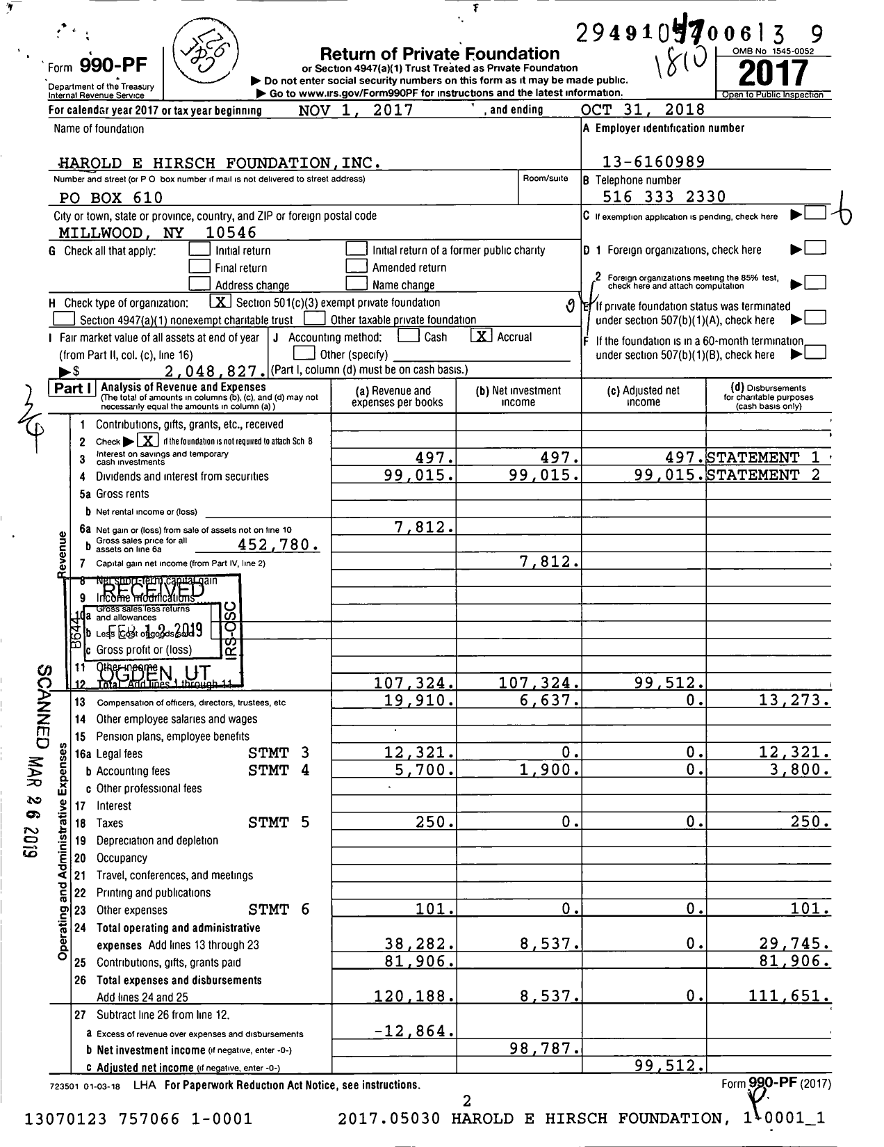 Image of first page of 2017 Form 990PF for Harold E Hirsch Foundation