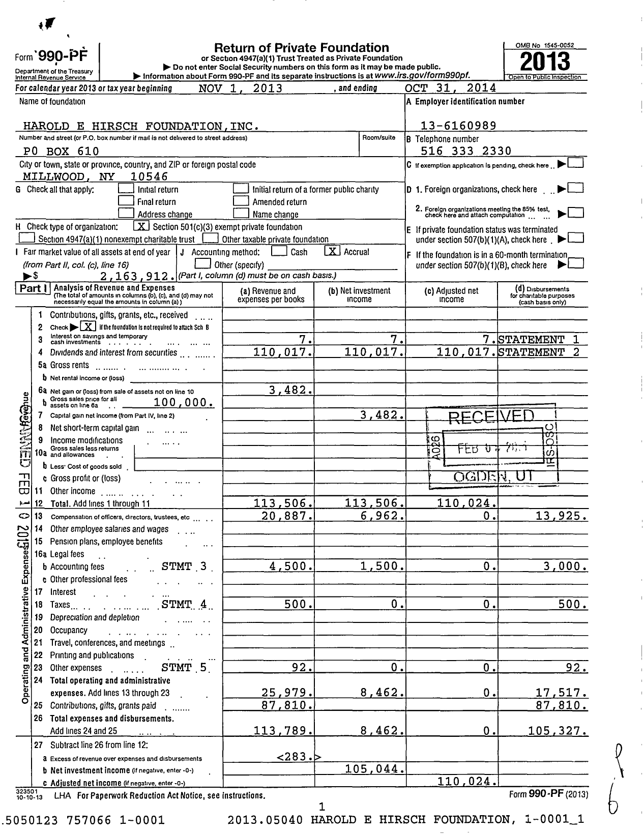 Image of first page of 2013 Form 990PF for Harold E Hirsch Foundation