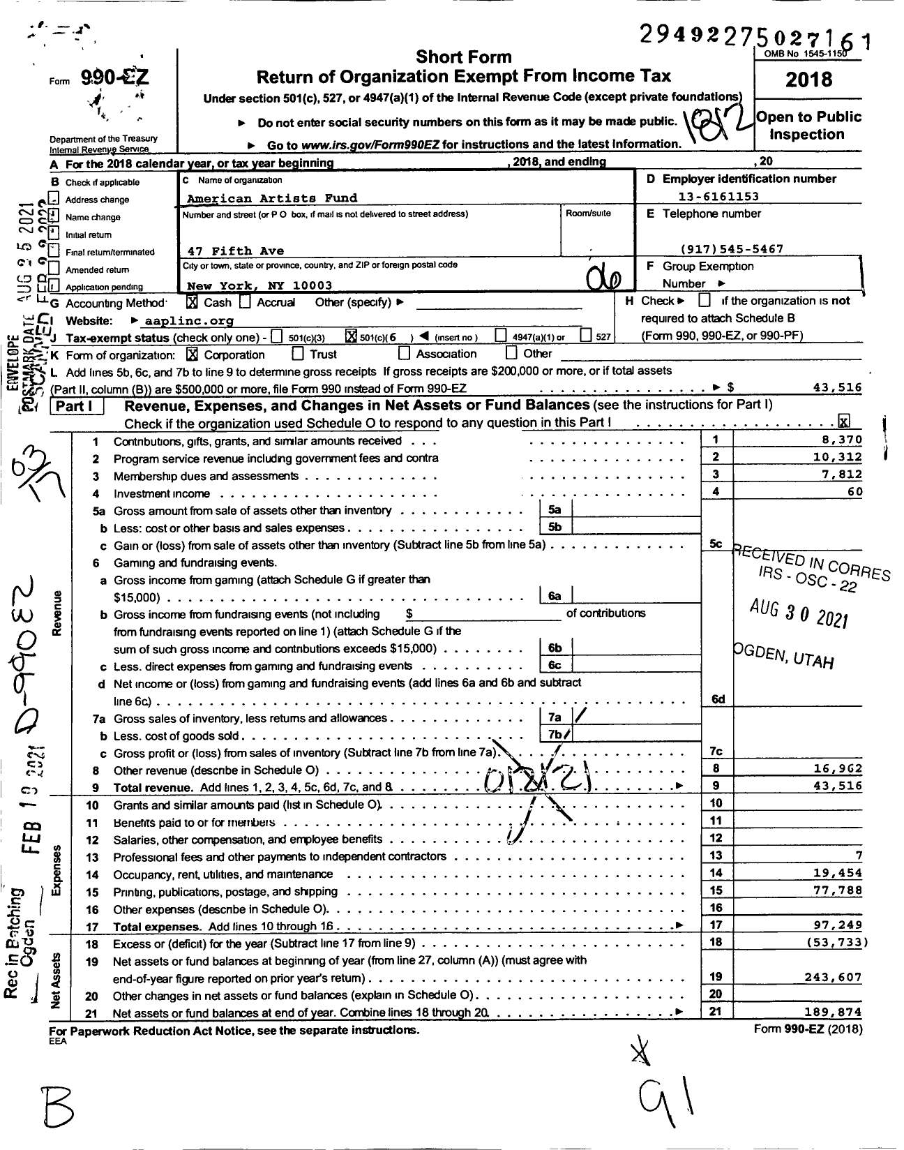 Image of first page of 2018 Form 990EZ for American Artists Fund