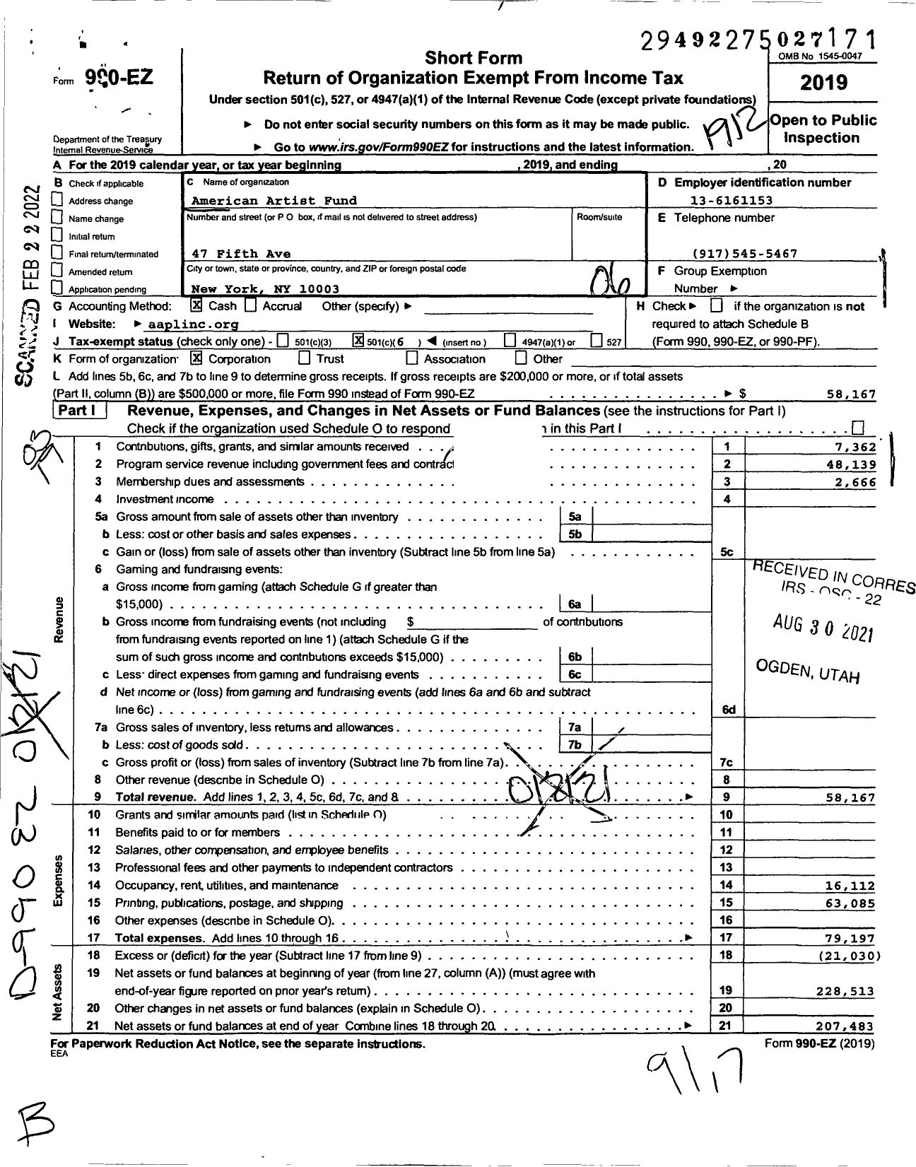 Image of first page of 2019 Form 990EZ for American Artists Fund