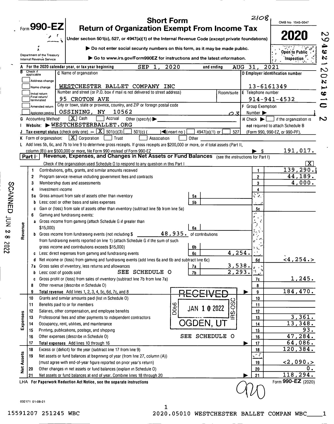 Image of first page of 2020 Form 990EZ for Westchester Ballet Company