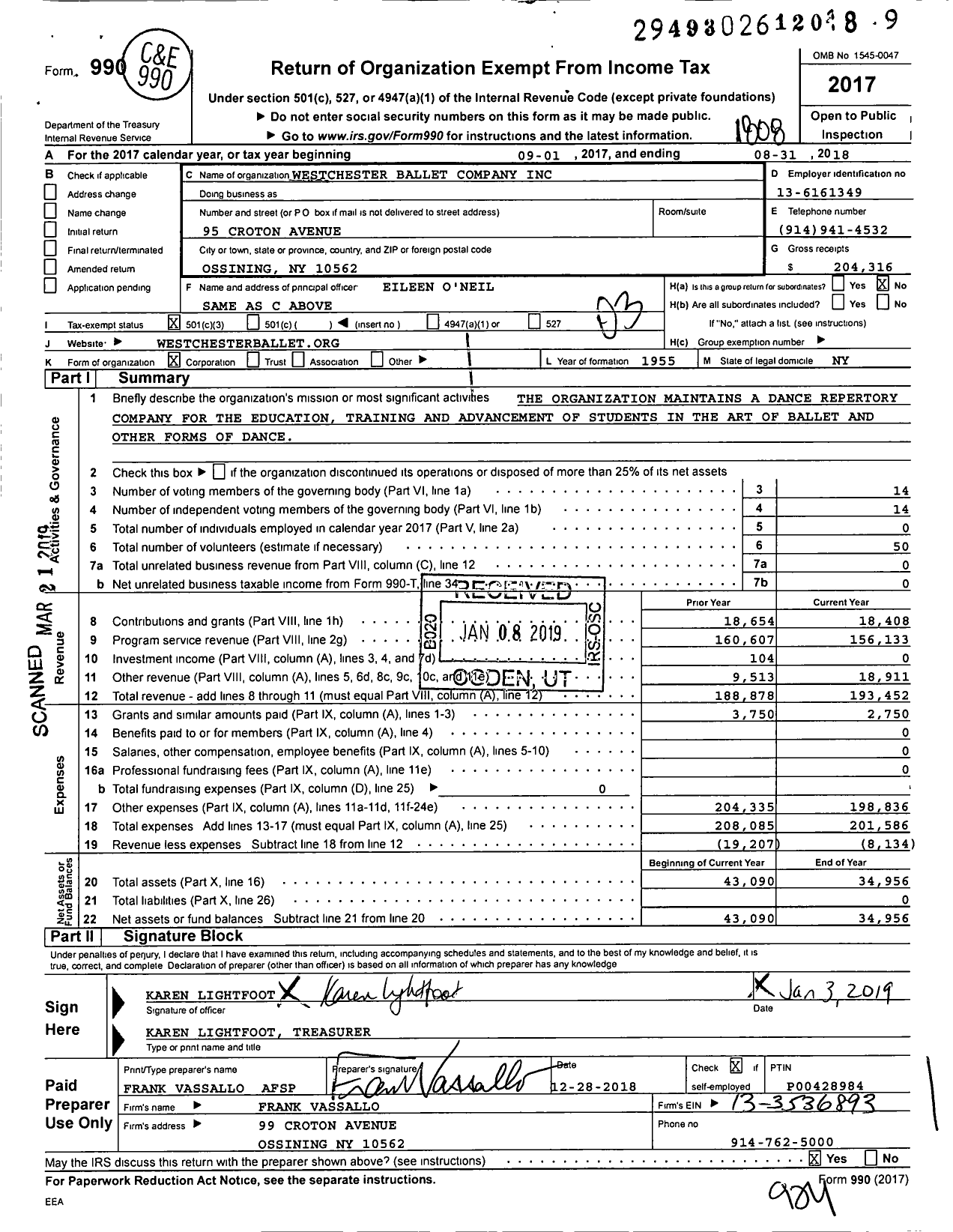 Image of first page of 2017 Form 990 for Westchester Ballet Company