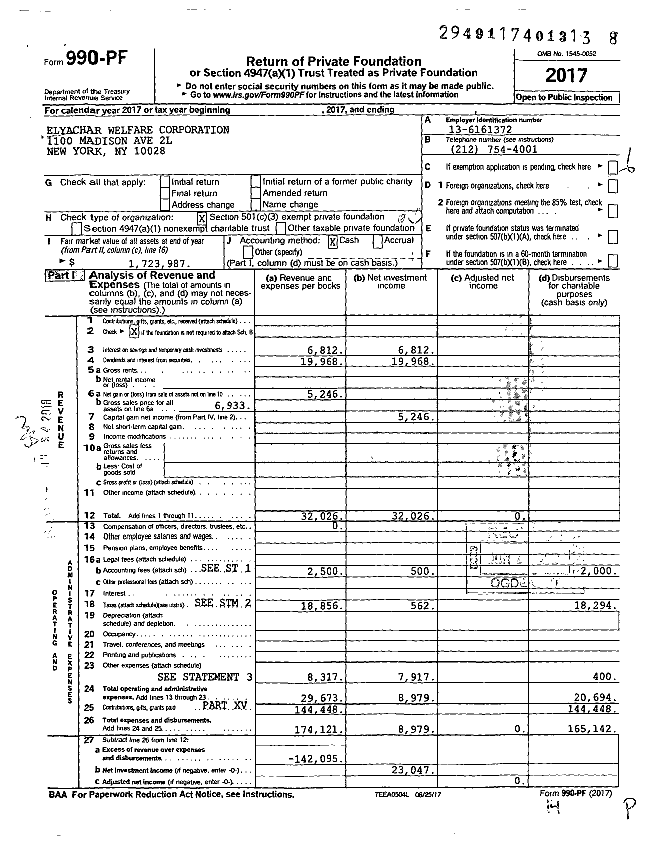 Image of first page of 2017 Form 990PF for Elyachar Welfare Corporation