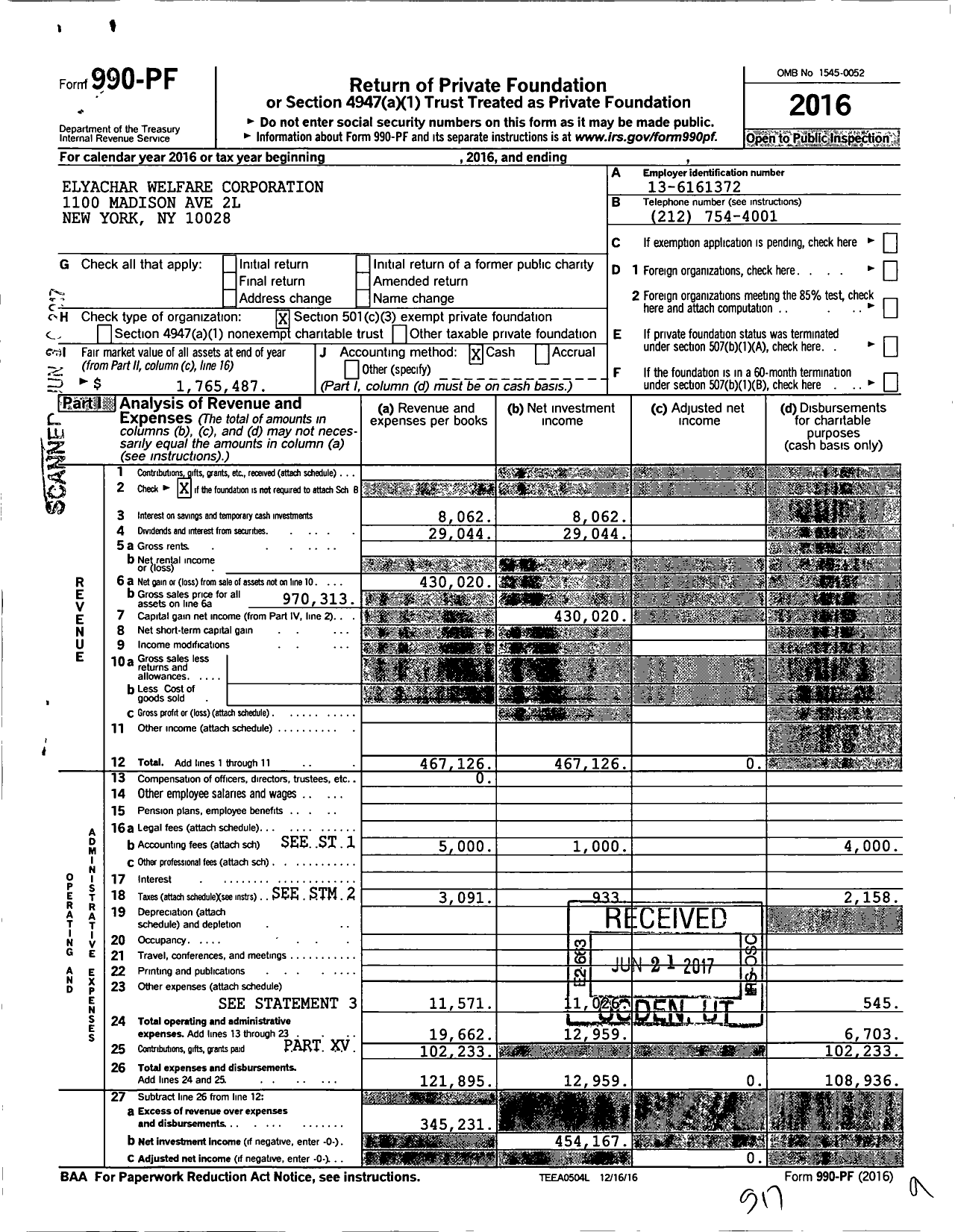 Image of first page of 2016 Form 990PF for Elyachar Welfare Corporation