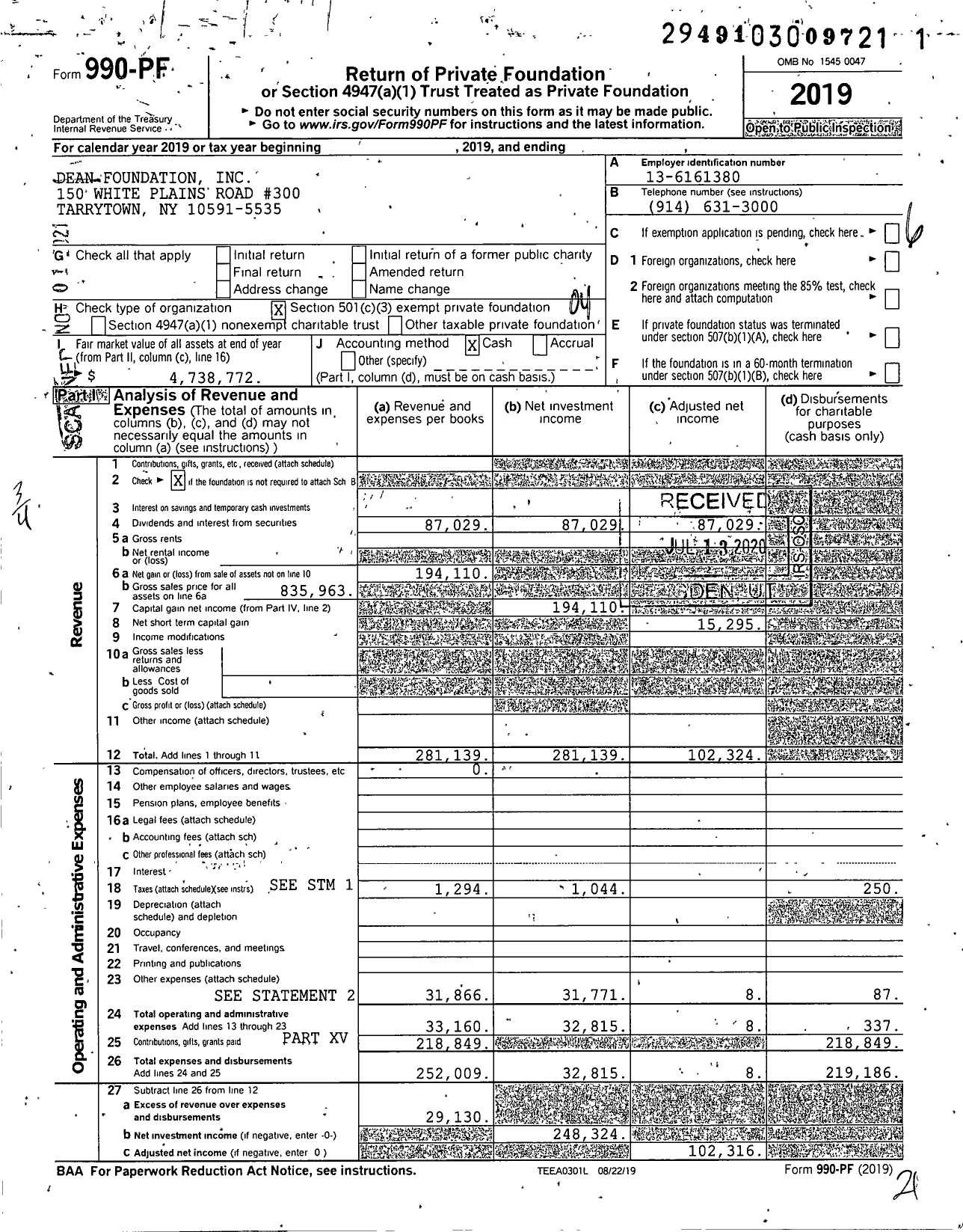 Image of first page of 2019 Form 990PF for Dean Foundation