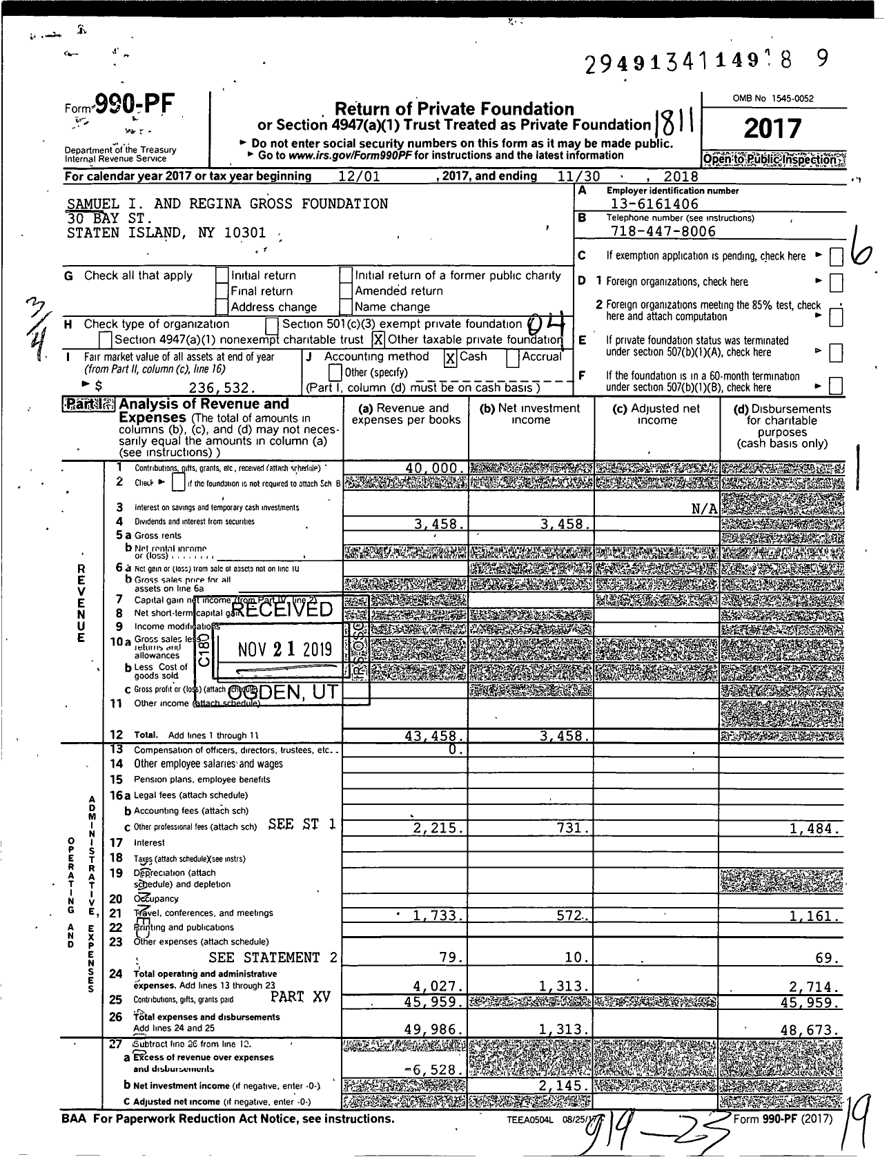 Image of first page of 2017 Form 990PF for Samuel I and Regina Gross Foundation