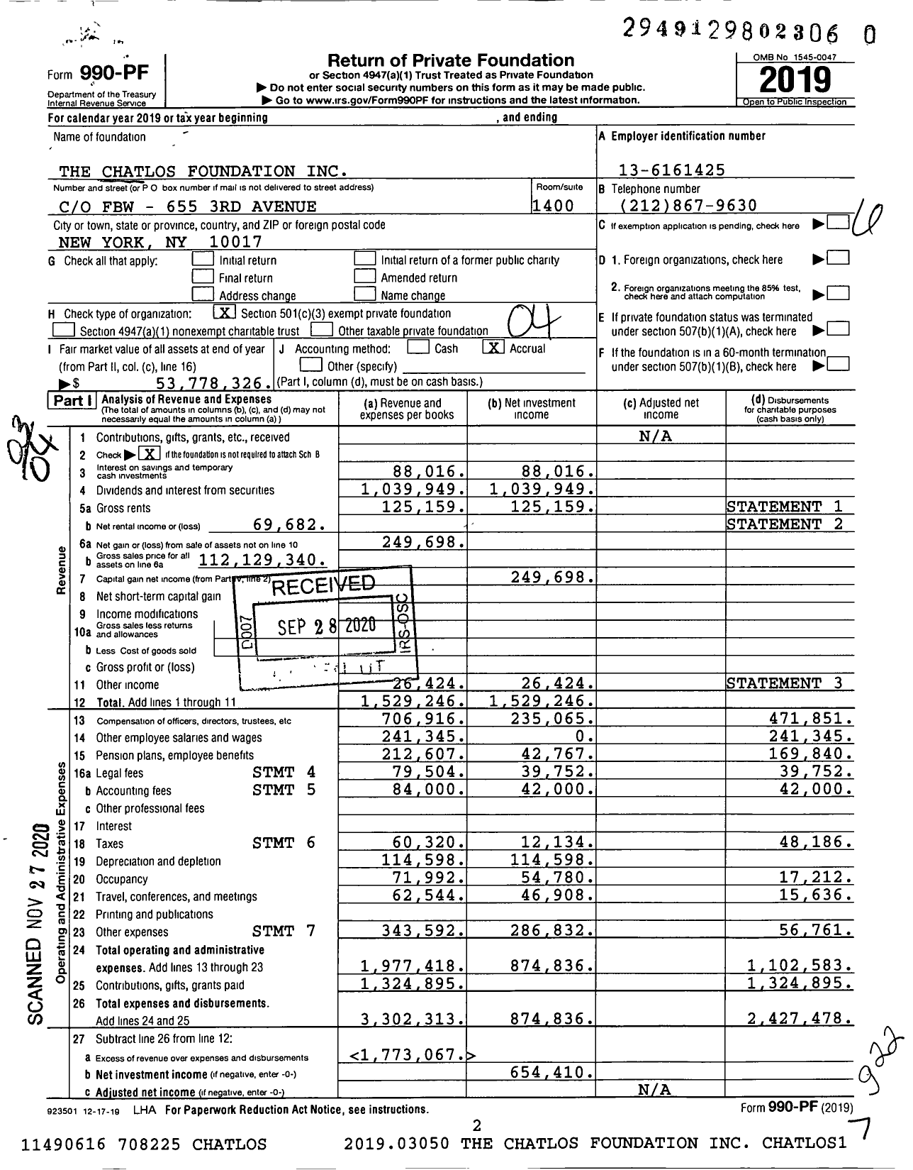 Image of first page of 2019 Form 990PF for Chatlos Foundation