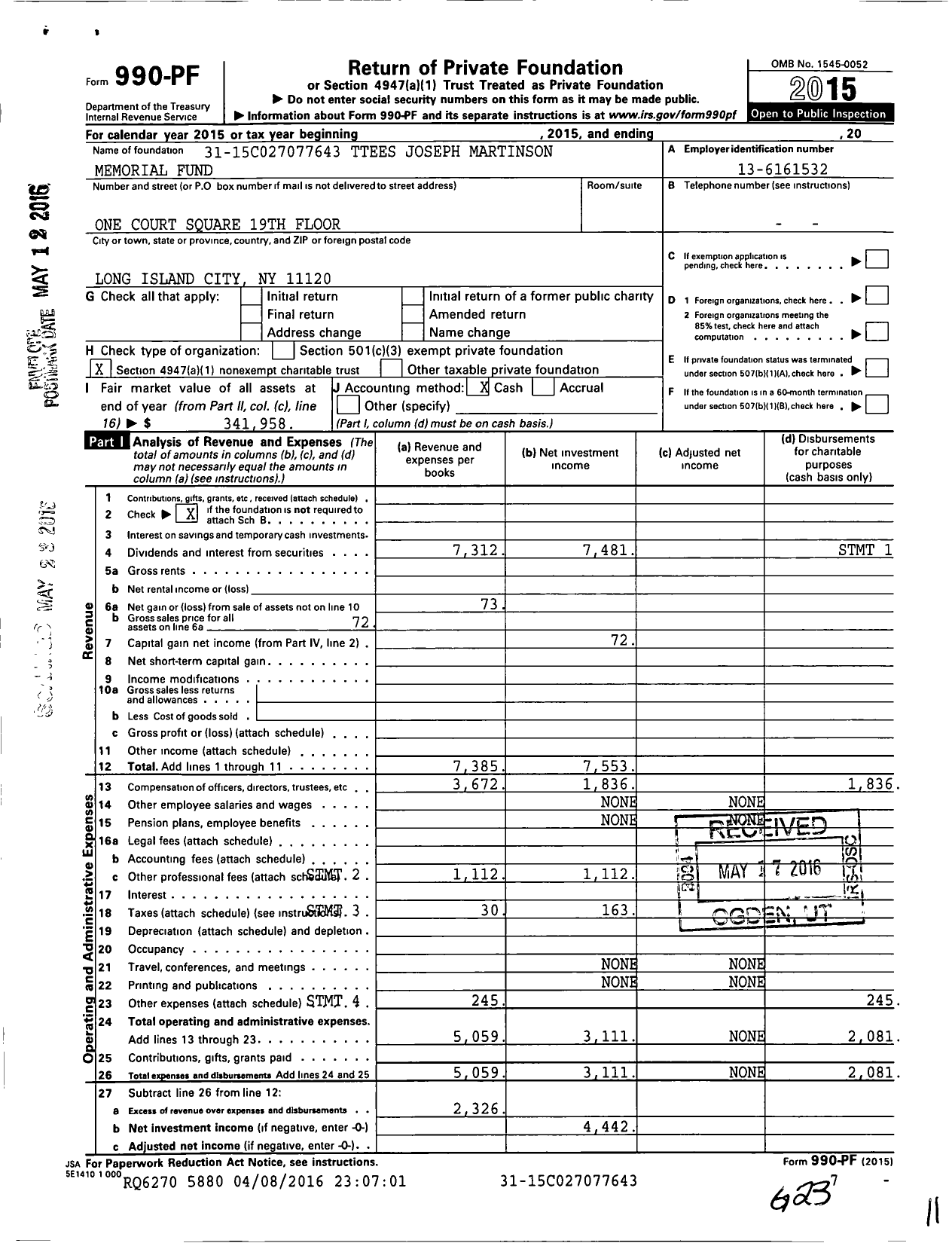 Image of first page of 2015 Form 990PF for Ttees Joseph Martinson Memorial Fund