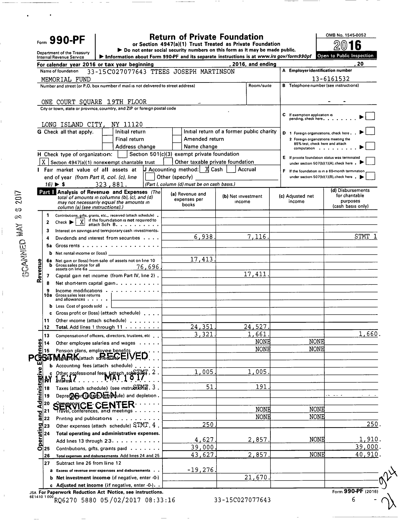 Image of first page of 2016 Form 990PF for Ttees Joseph Martinson Memorial Fund