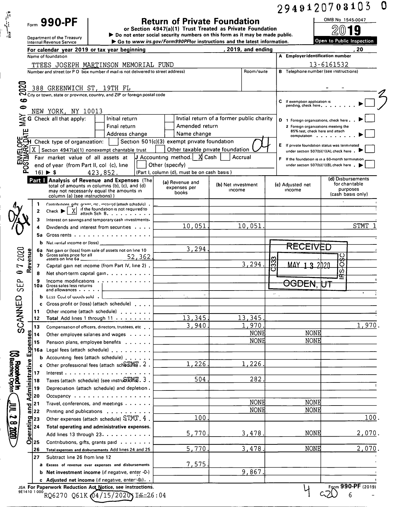 Image of first page of 2019 Form 990PR for Ttees Joseph Martinson Memorial Fund