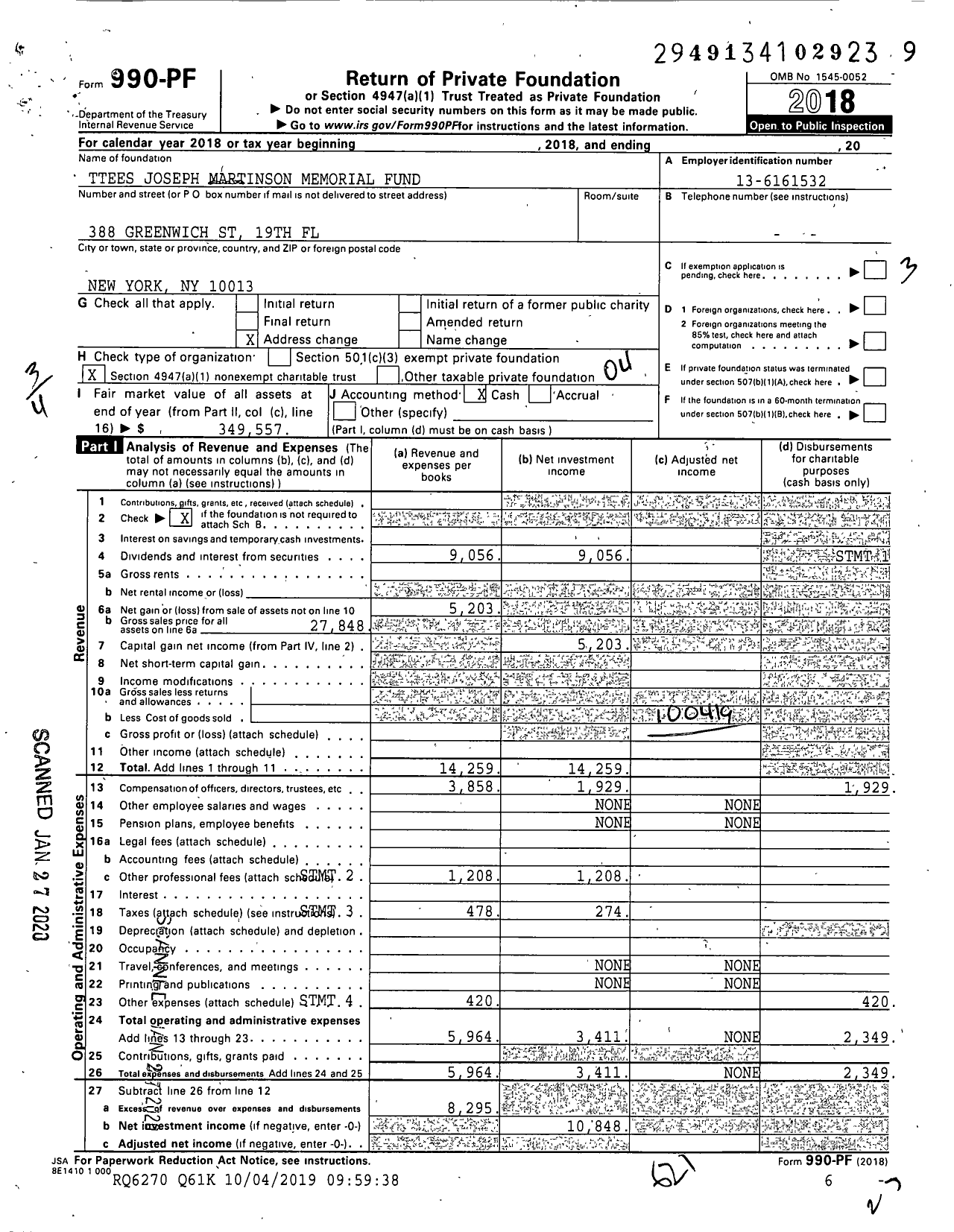 Image of first page of 2018 Form 990PF for Ttees Joseph Martinson Memorial Fund