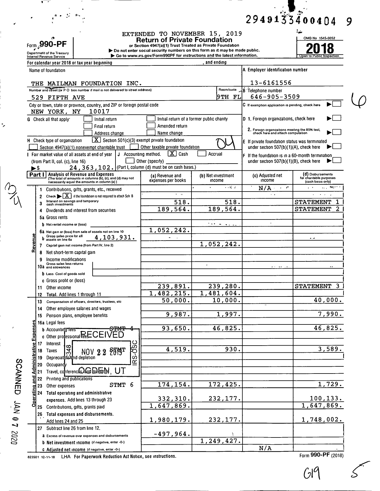 Image of first page of 2018 Form 990PF for Mailman Foundation