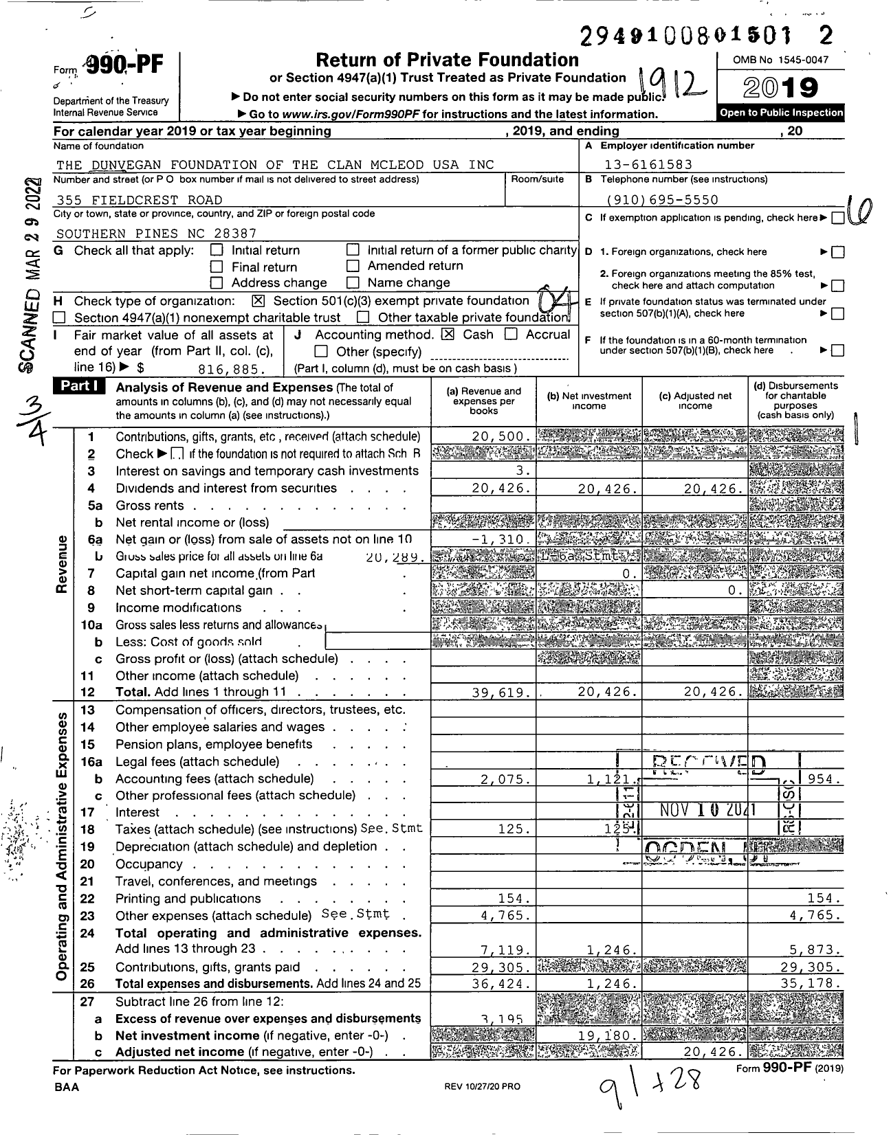 Image of first page of 2019 Form 990PF for the Dunvegan Foundation of the Clan McLeod USA