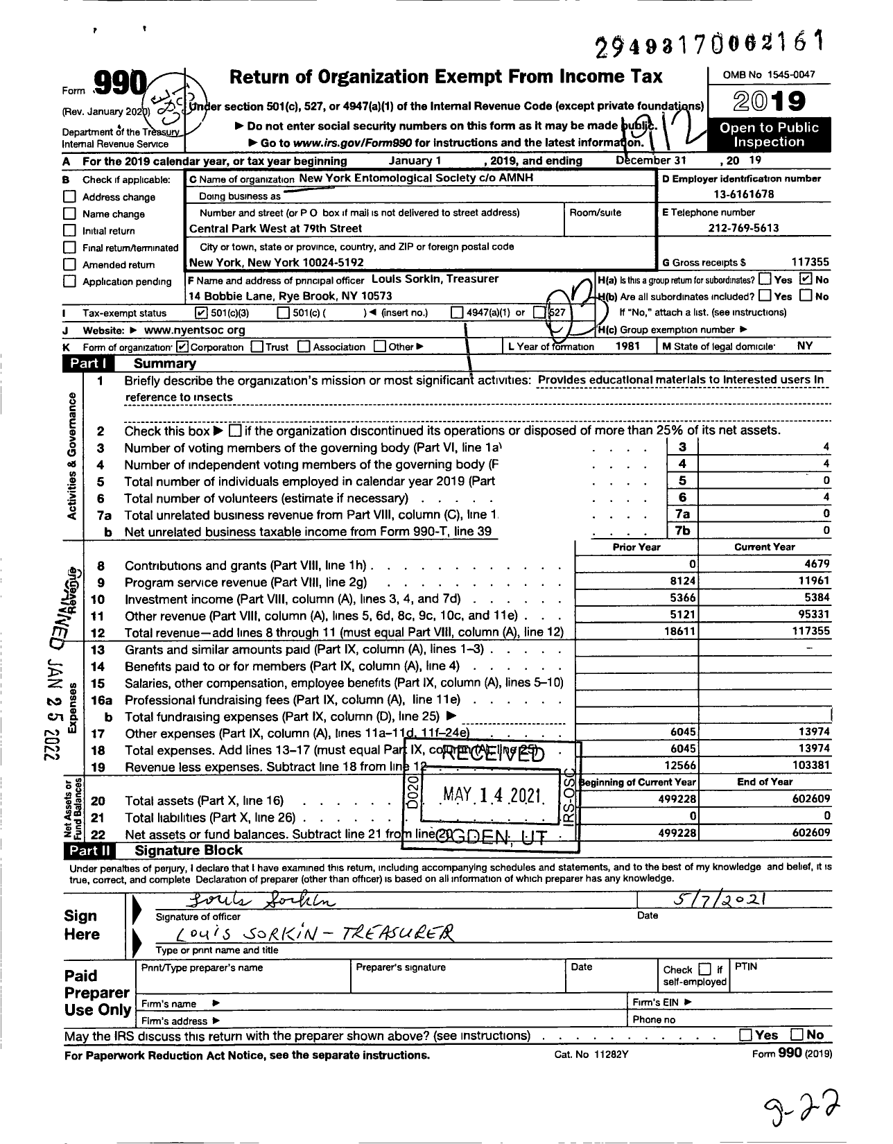 Image of first page of 2019 Form 990 for New York Entomological Society Amnh