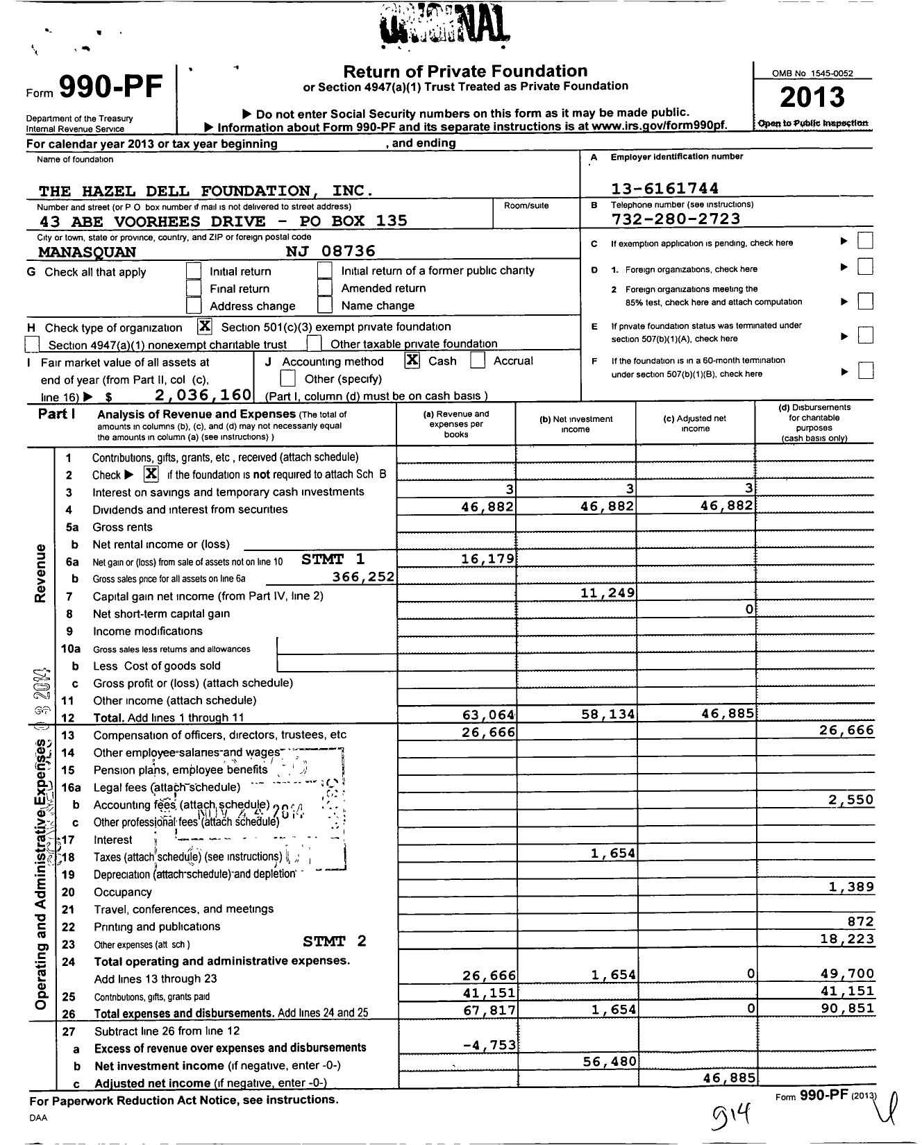 Image of first page of 2013 Form 990PF for The Hazel Dell Foundation