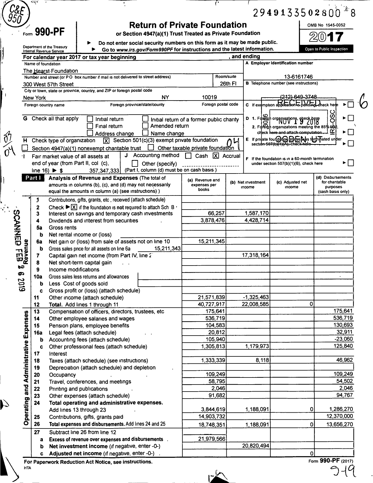 Image of first page of 2017 Form 990PF for Hearst Foundation