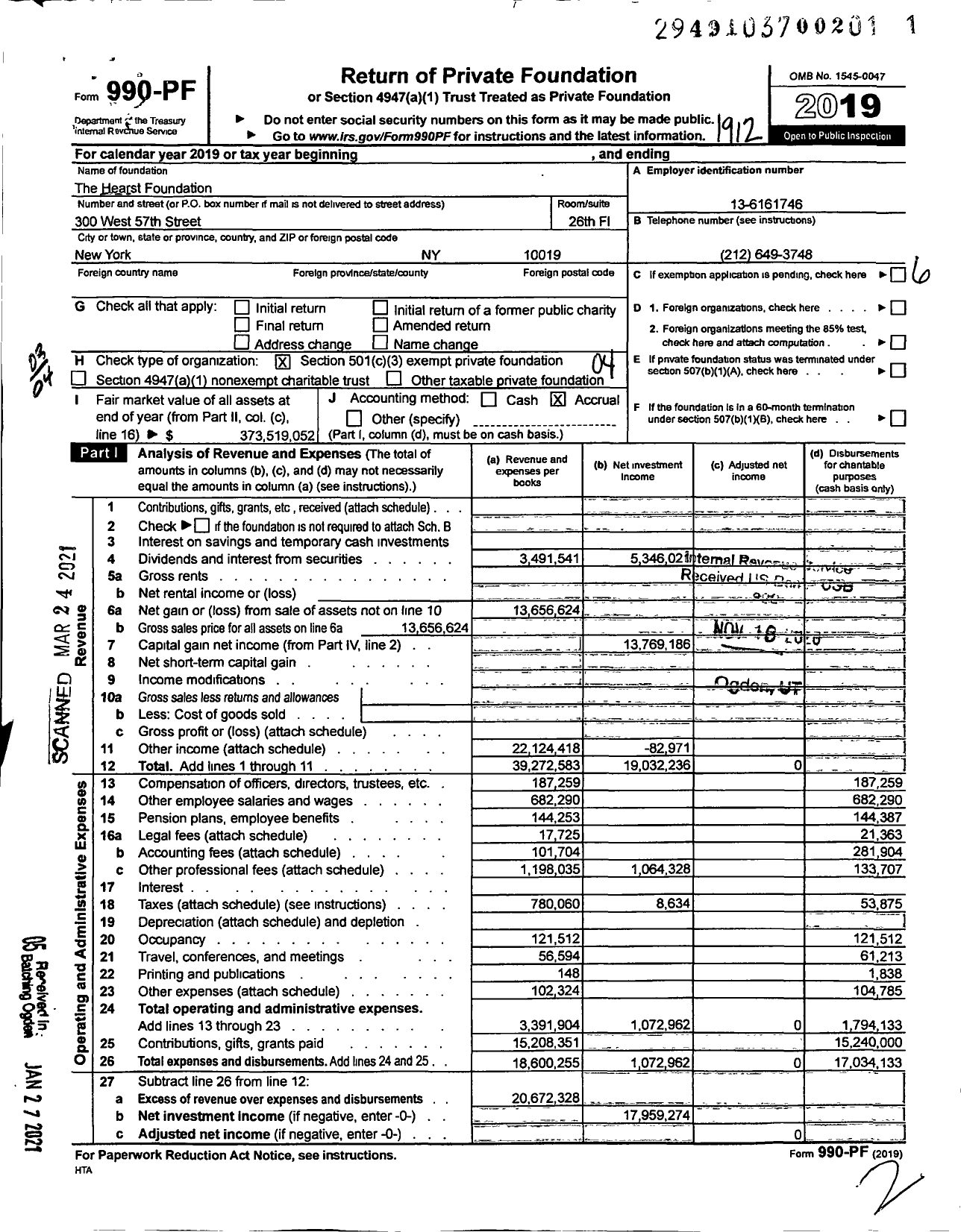 Image of first page of 2019 Form 990PF for Hearst Foundation