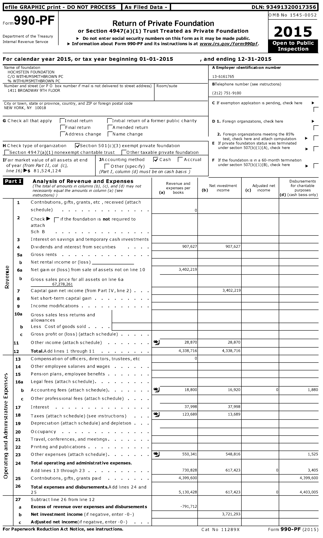 Image of first page of 2015 Form 990PF for Hochstein Foundation