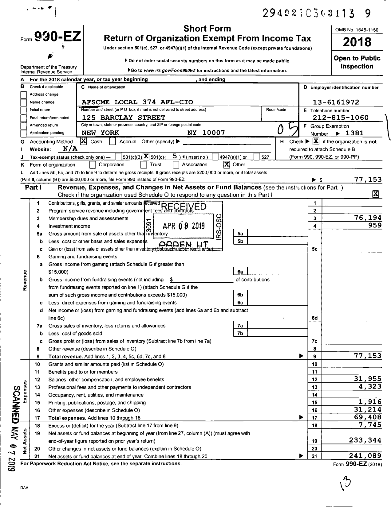 Image of first page of 2018 Form 990EO for American Federation of State County & Municipal Employees - L0374ny Quasi-Public Employees