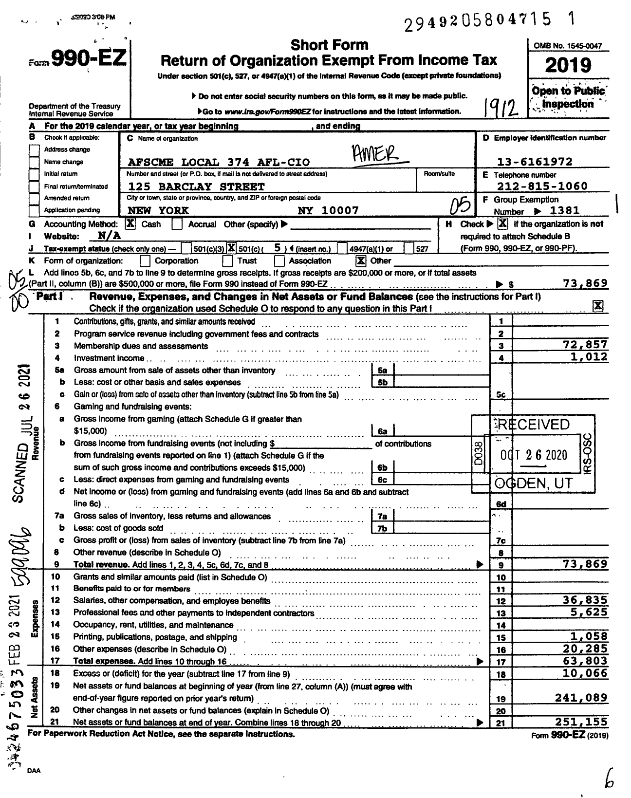 Image of first page of 2019 Form 990EO for American Federation of State County & Municipal Employees - L0374ny Quasi-Public Employees