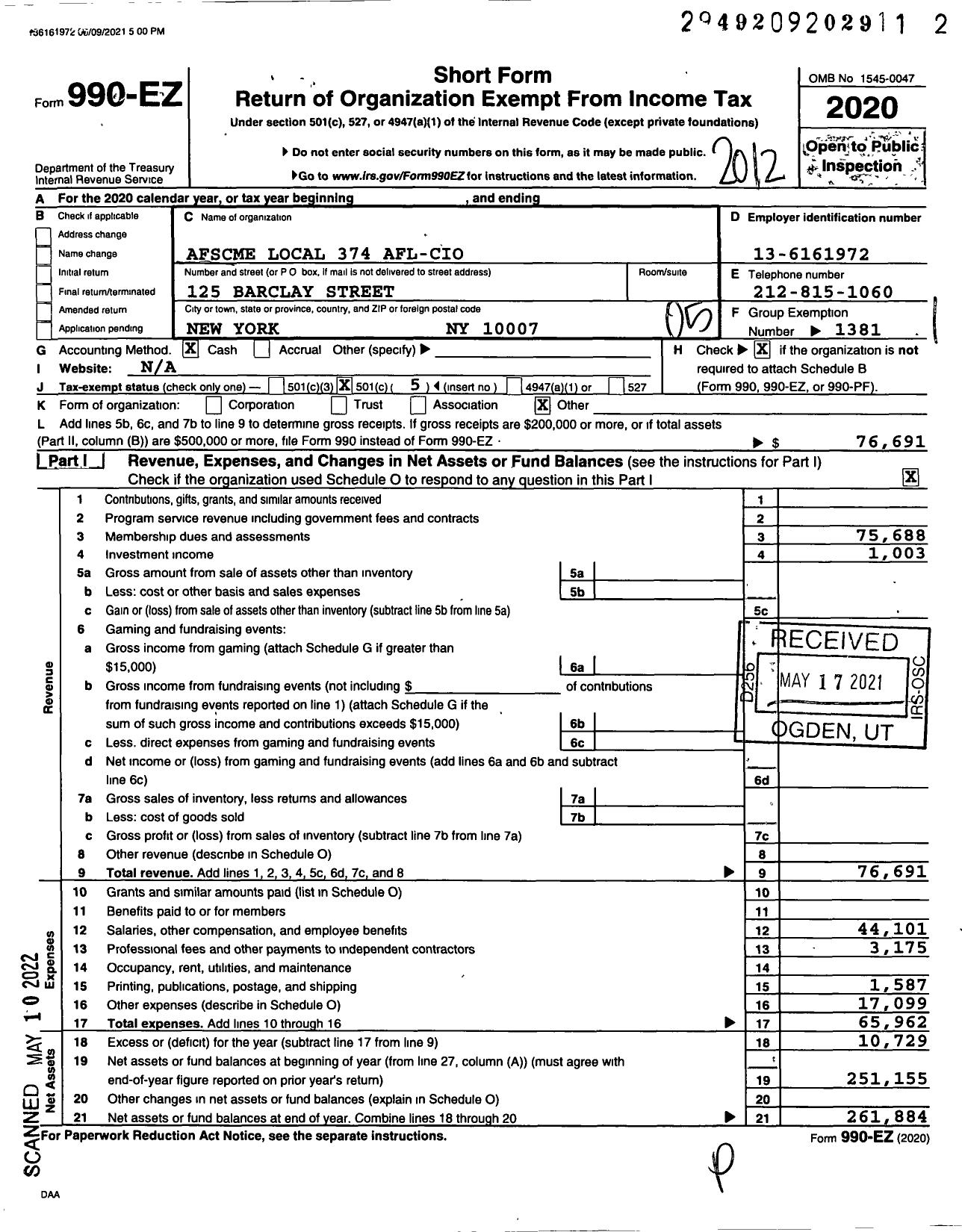 Image of first page of 2020 Form 990EO for American Federation of State County & Municipal Employees - L0374ny Quasi-Public Employees