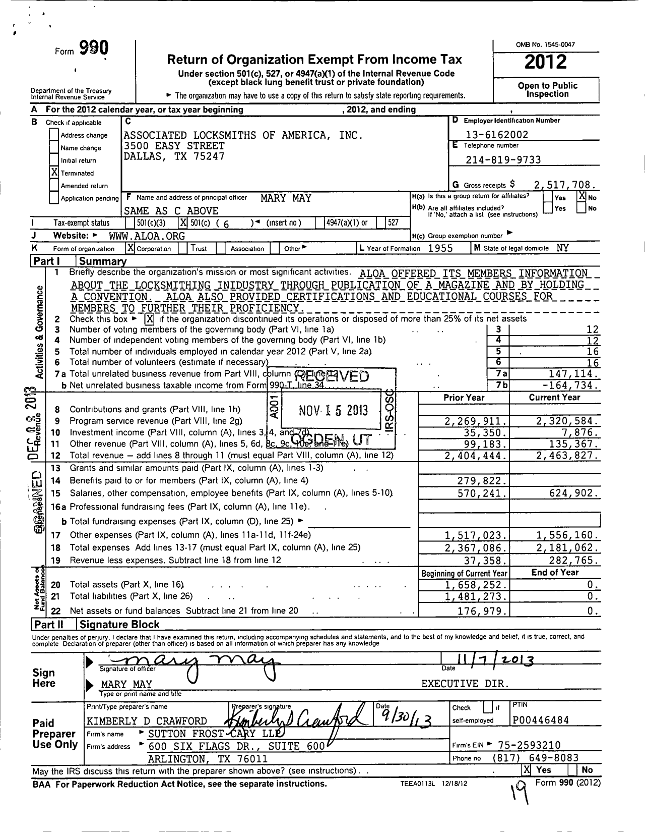 Image of first page of 2012 Form 990O for Associated Locksmiths of America