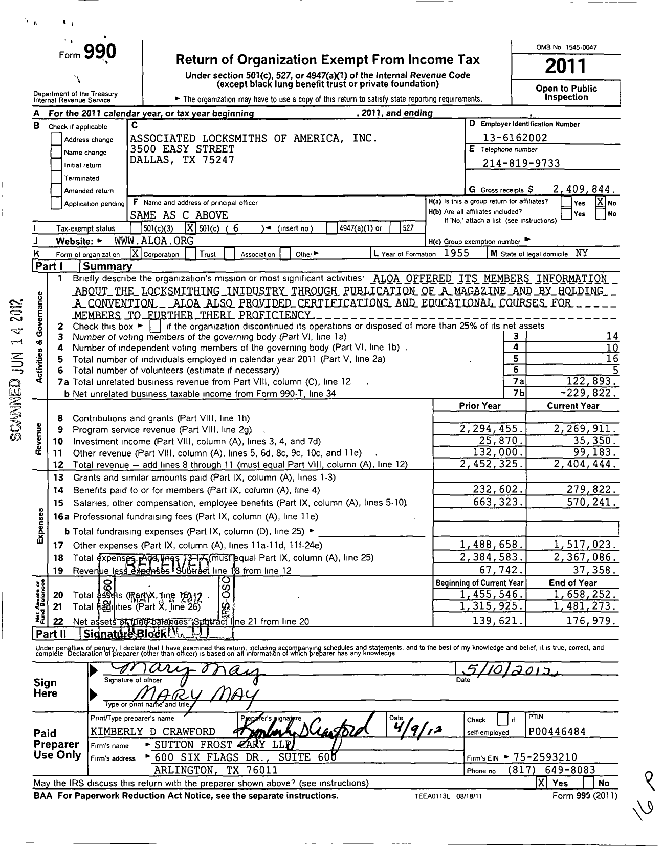 Image of first page of 2011 Form 990O for Associated Locksmiths of America