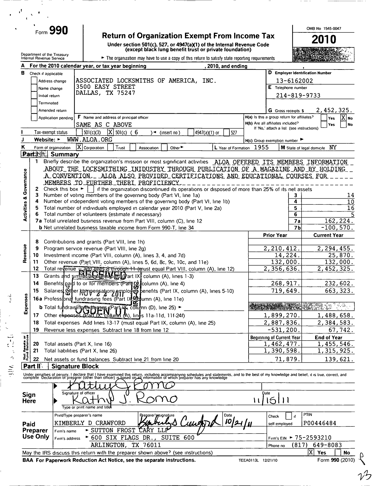 Image of first page of 2010 Form 990O for Associated Locksmiths of America
