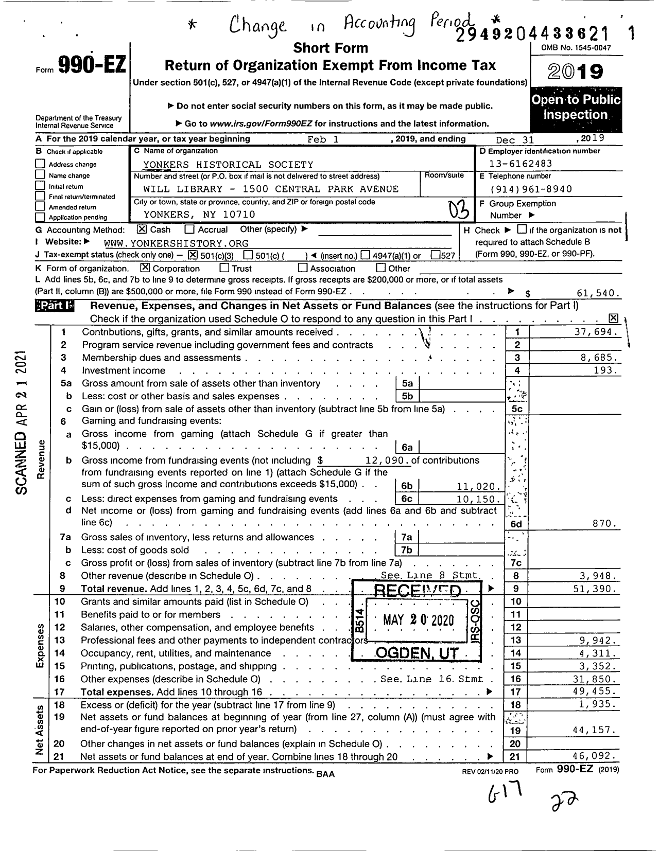 Image of first page of 2019 Form 990EZ for Yonkers Historical Society